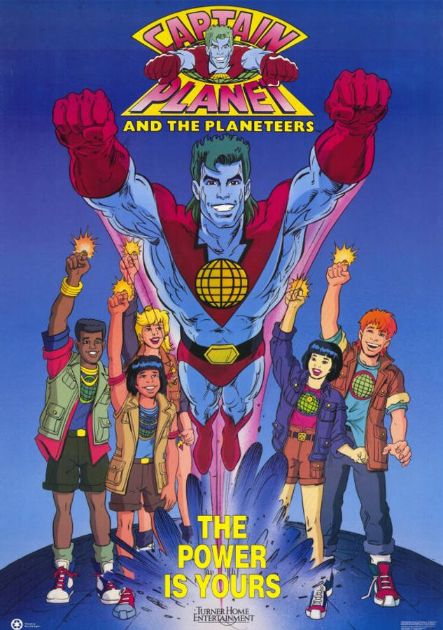 卡普坦·普蘭特數位海報 壁紙 — Captain Planet 與 Planeteers 在藍天下高舉拳頭，每人手持發光的元素力量，展現勝利姿態。