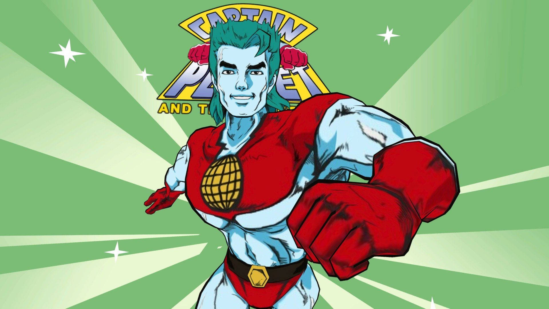 卡普坦·普蘭特綠色繪畫 壁紙 — Captain Planet 身穿紅藍服裝，英雄般地站在帶有白色星星的綠色放射狀背景前。