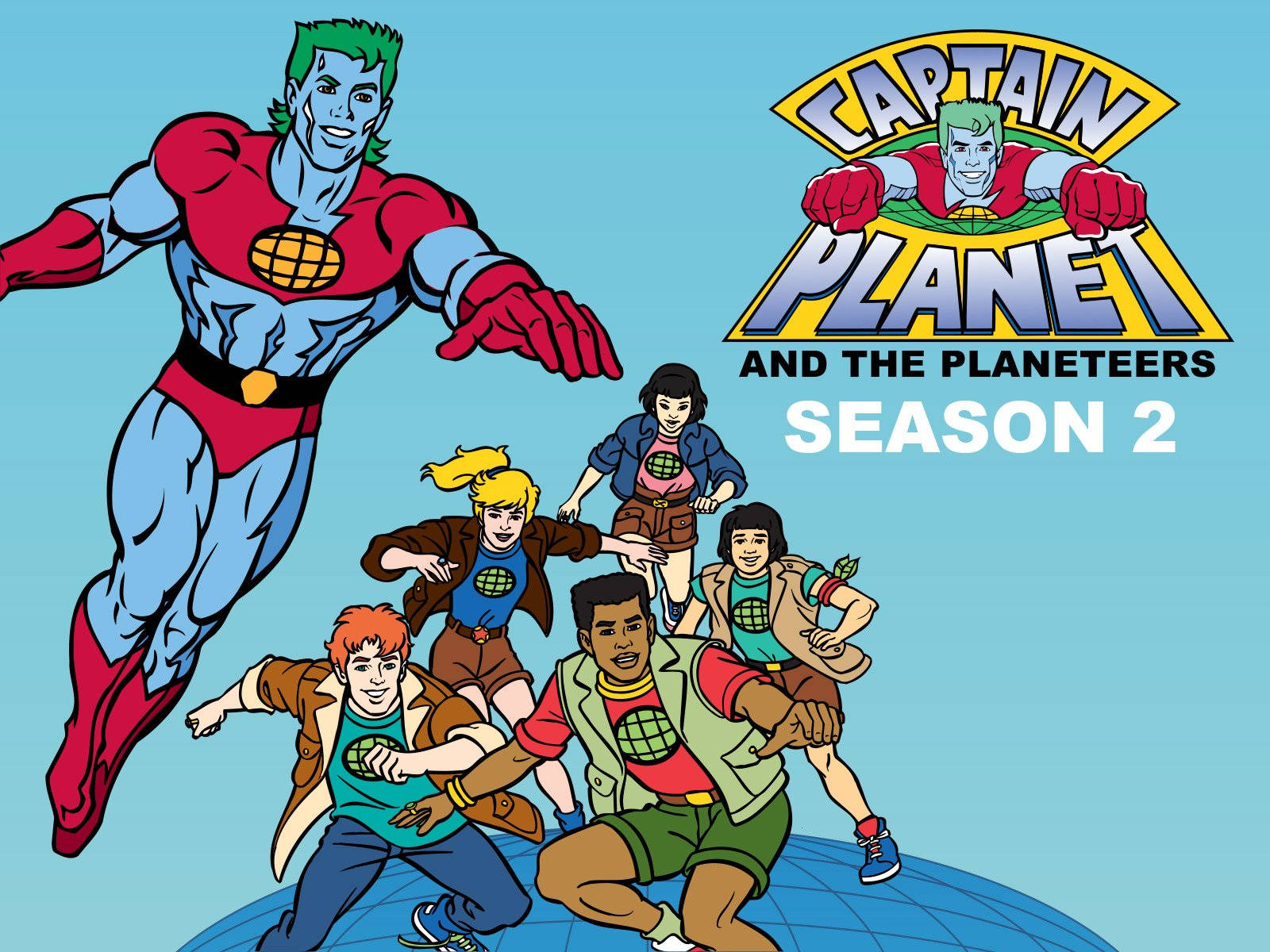 卡普坦·普蘭特與地球守護者 第二季 壁紙 — Captain Planet 與 Planeteers 在清澈的藍天下以大膽的漫畫線條和鮮豔色彩動態跳躍。