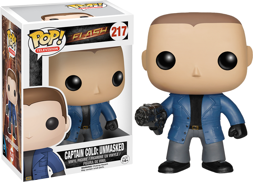 卡普坦·科爾德無面罩 Funko Pop 壁紙 — Funko Pop! 嘅Captain Cold冇戴面具，著藍色外套，揸住冰凍槍，喺佢嘅收藏盒旁邊。