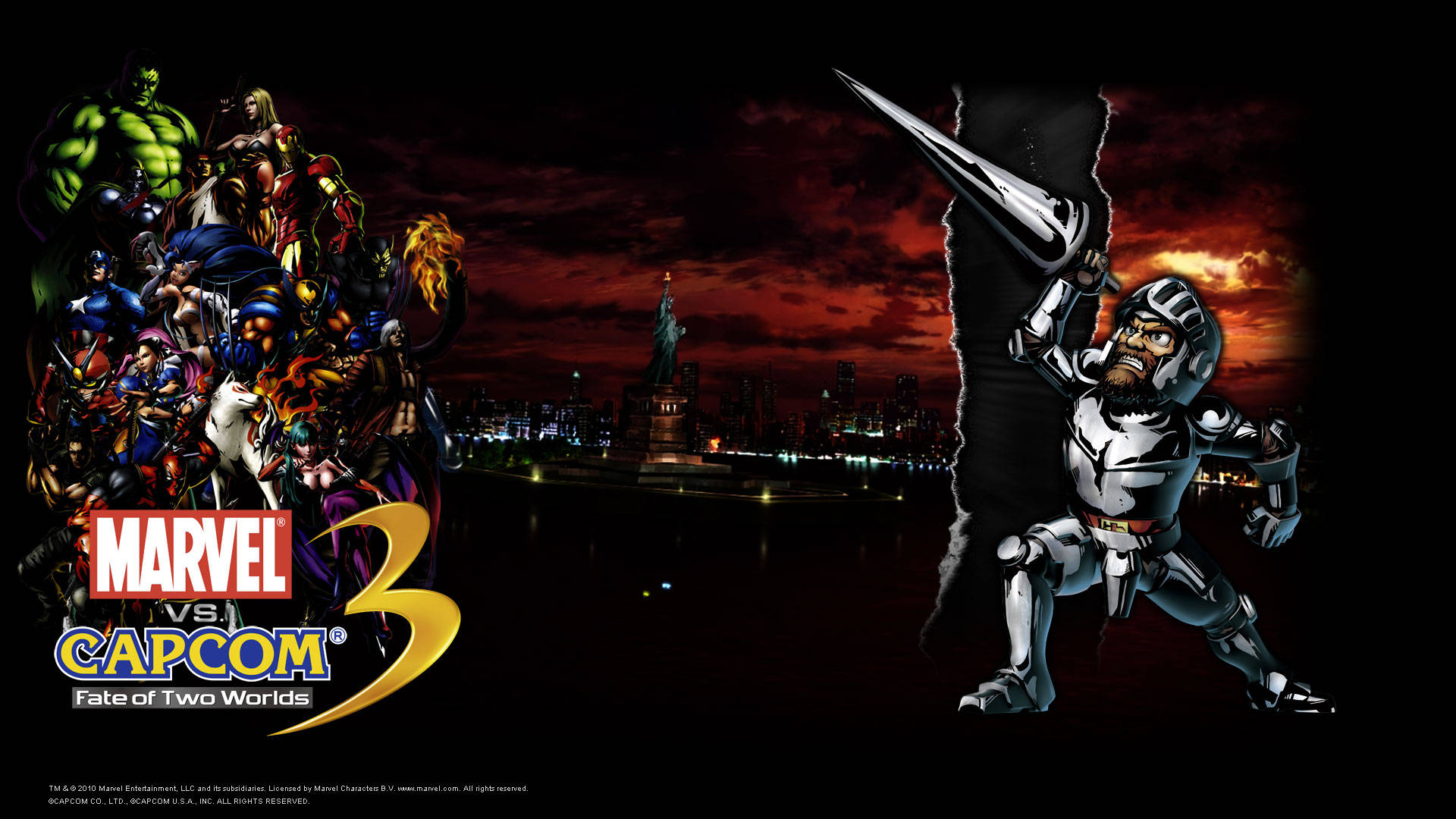 卡普空《幽靈與哥布林》亞瑟騎士 壁紙 — Marvel 和 Capcom 的英雄們在日落時分與一個金屬戰士在黑暗的城市天際線上激烈交鋒。