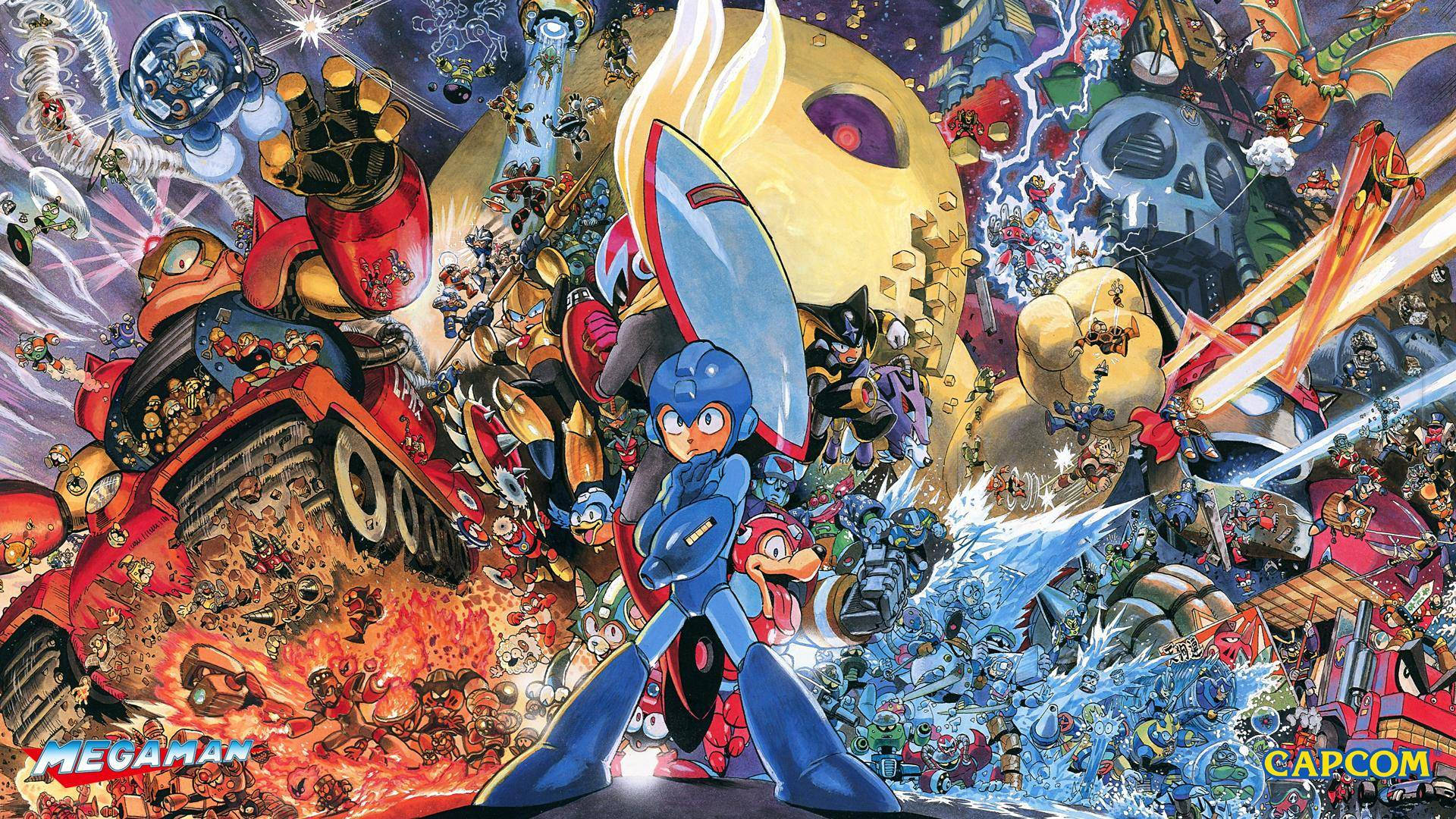 卡普空《洛克人》原創角色 雷電人 壁紙 — Mega Man 英雄地站在充滿機械人、爆炸和鮮豔動漫角色的混亂戰鬥場景中。