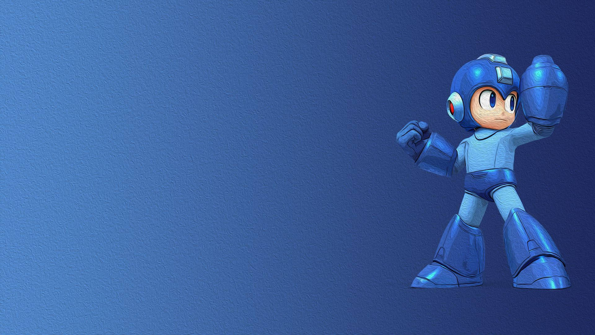 卡普空遊戲角色 Mega Man 壁紙 — 經典藍色 Mega Man 自信地站在紋理藍色背景前，手持其標誌性的爆裂槍。
