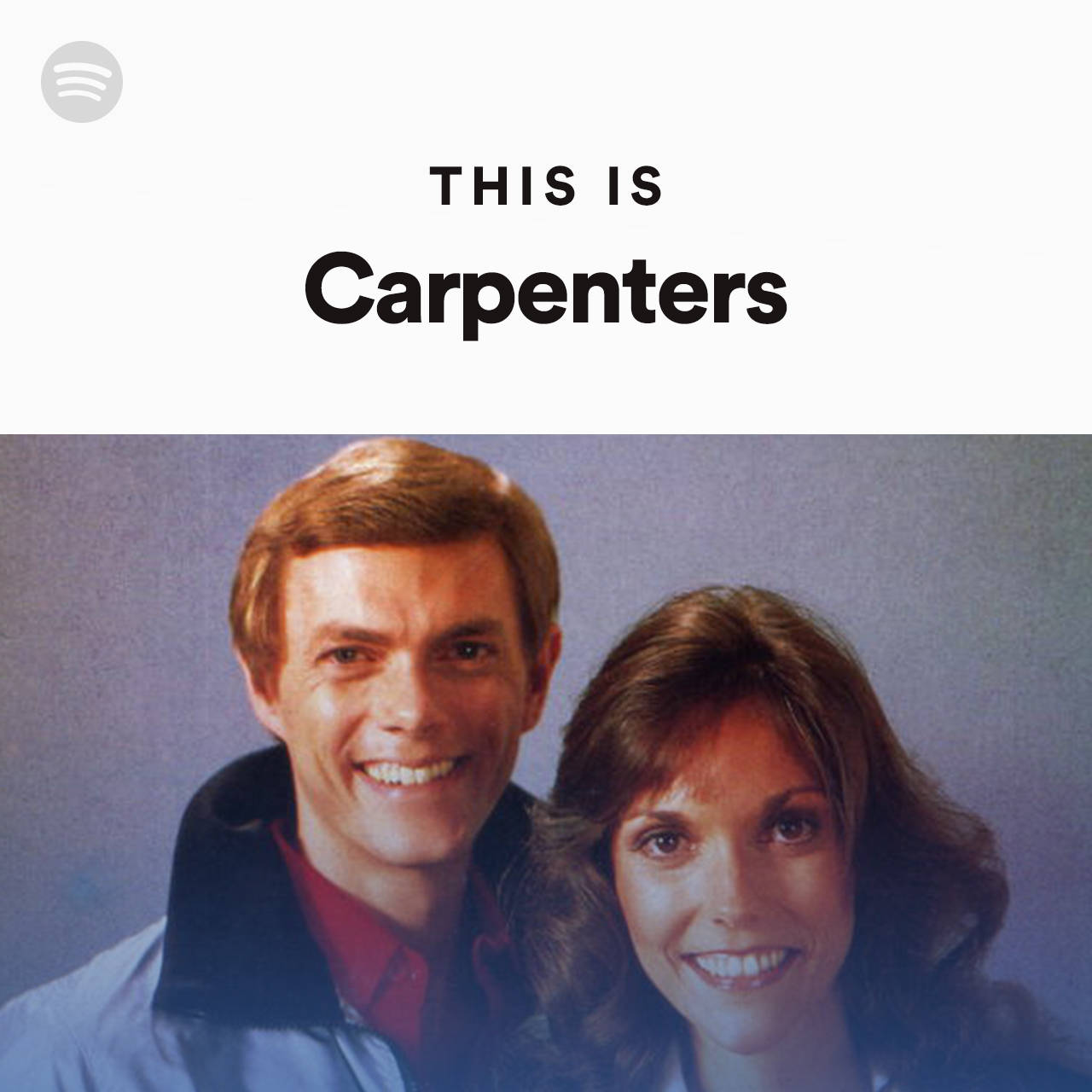 卡朋特樂隊Spotify專輯封面 壁紙 — 音樂二人組 Carpenters 在純藍色背景上溫暖微笑的復古肖像。