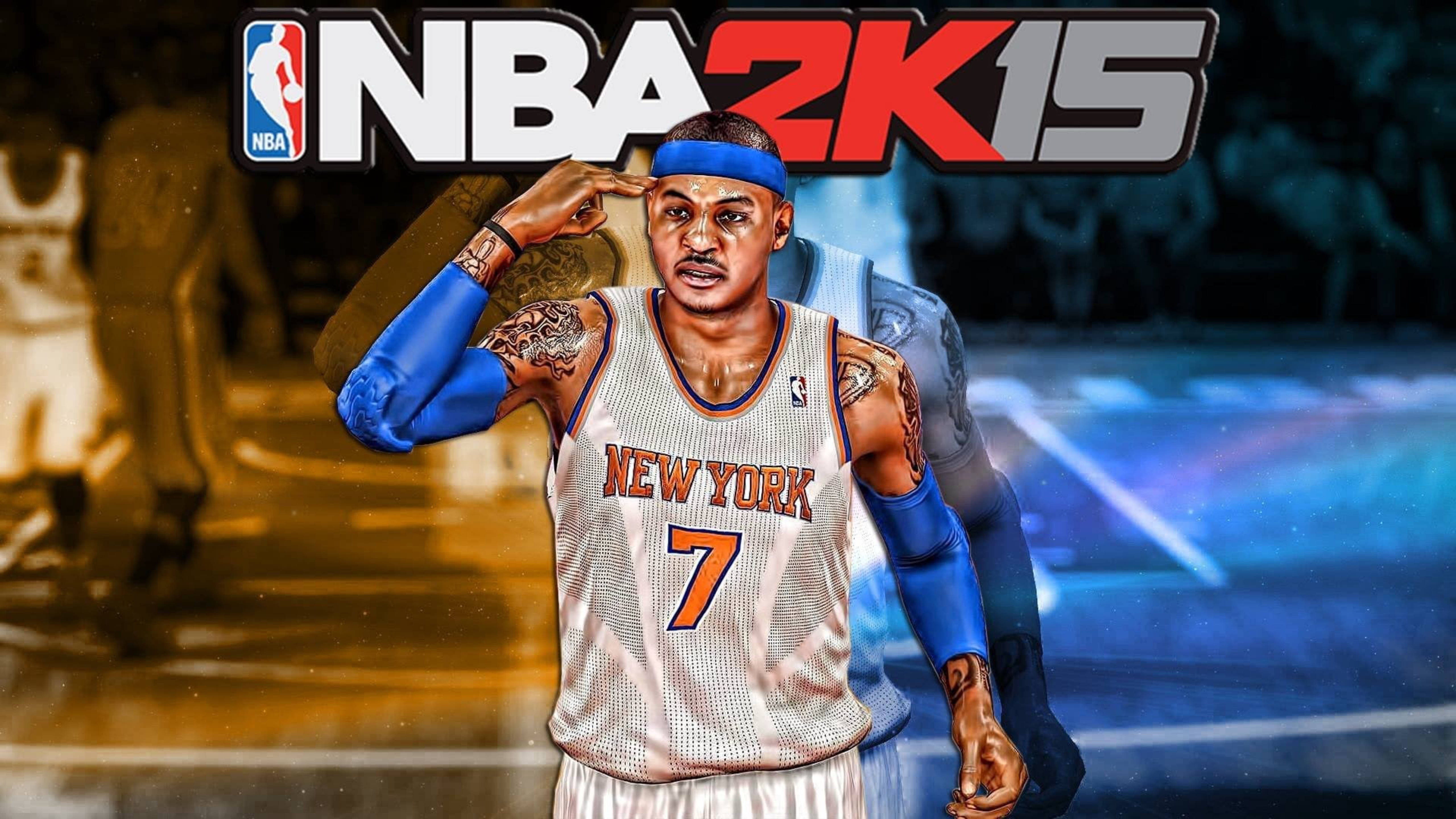 卡梅隆·安東尼NBA 2K15概念圖 壁紙 — 數碼藝術NBA 2K15封面， featuring Carmelo Anthony 身穿紐約人球衣敬禮，手臂上紋身清晰可見。