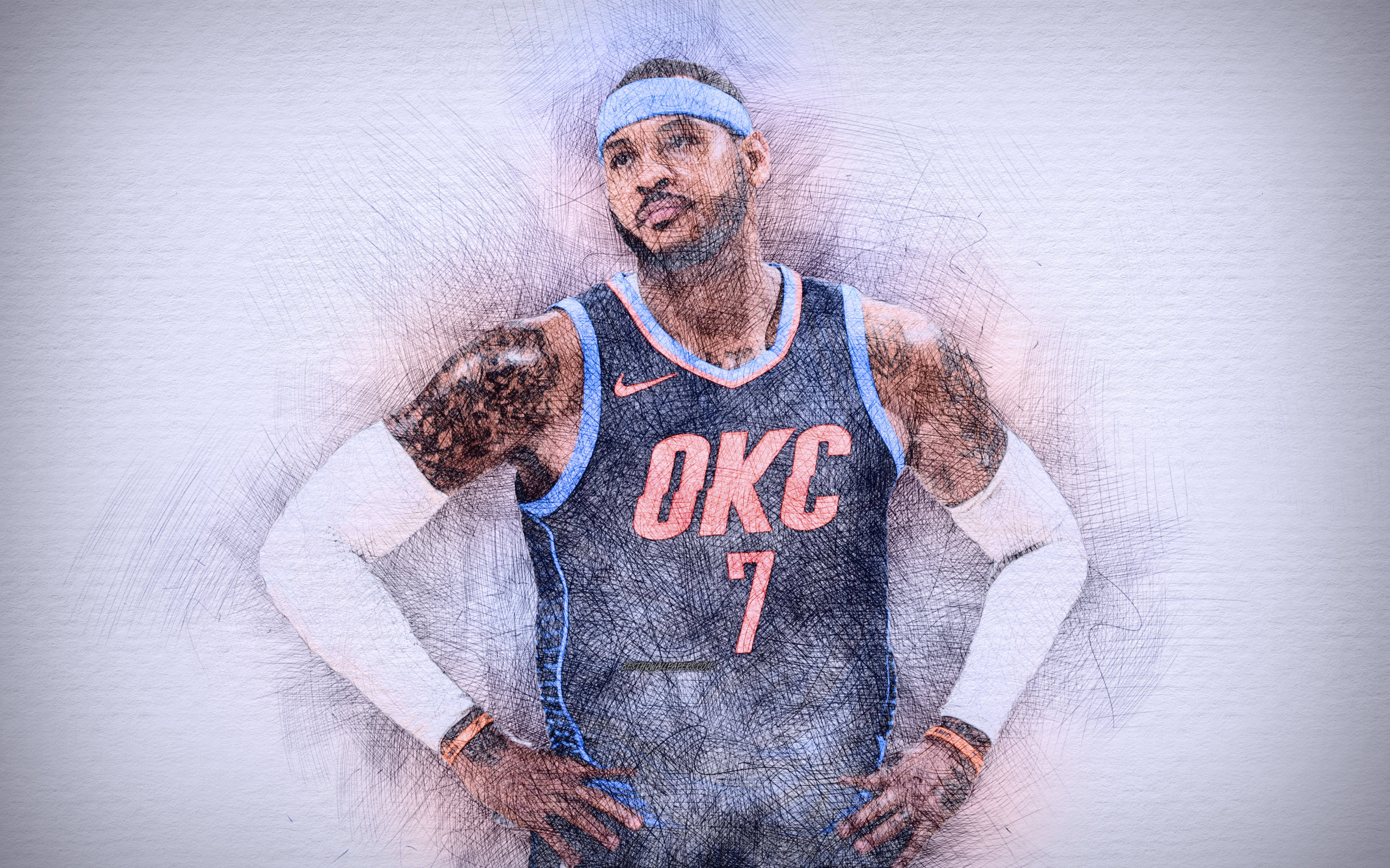 卡梅隆·安東尼OKC 7素描 壁紙 — 一名身穿OKC球衣的籃球運動員自信地雙手叉腰，站在帶有素描紋理的背景前。