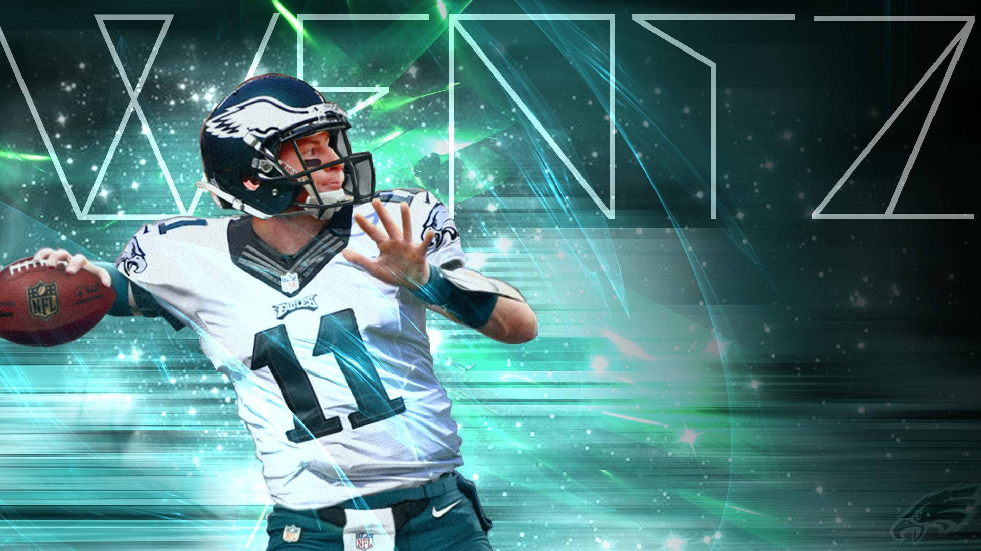 卡森·溫茲圖像藝術 壁紙 — NFL四分衛Jalen Hurts身穿老鷹隊球衣，在發光的綠色數位背景中做出投擲動作，他的名字以風格化字體呈現。