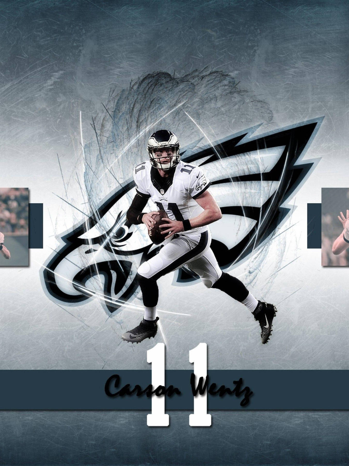 卡森·溫茲費城老鷹隊數位藝術 壁紙 — 美式足球四分衛 Carson Wentz 身穿白色老鷹隊球衣，正在投球，身後有球隊標誌和 11 號圖案。