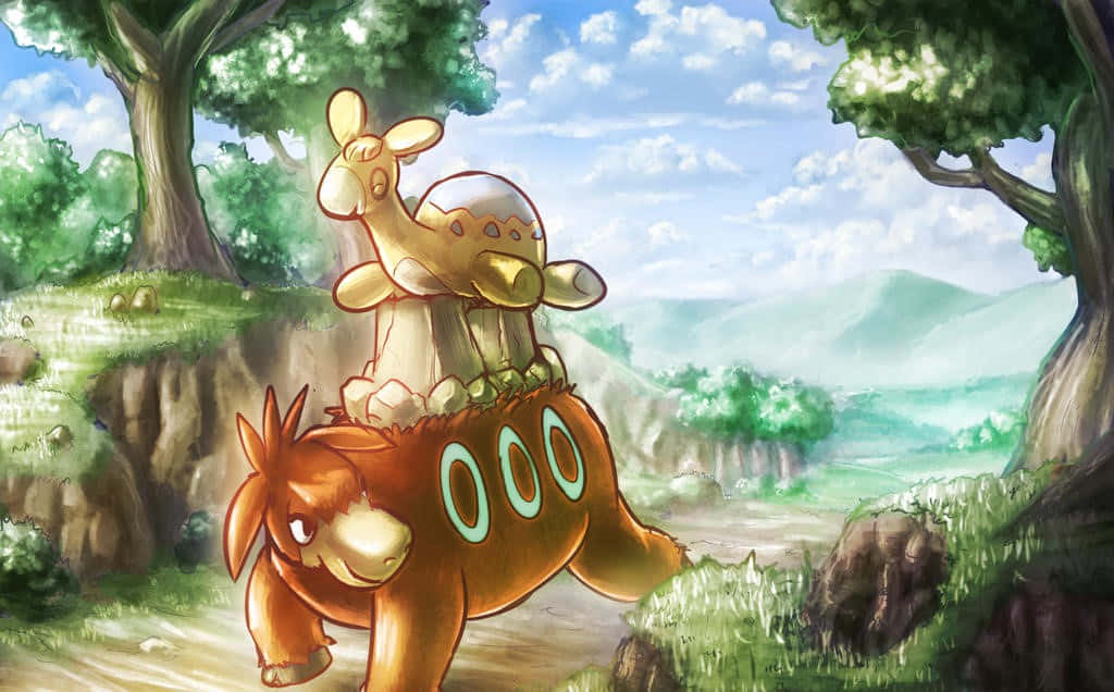 一隻帶有發光圓圈的棕色馬匹背著一隻較小的生物穿過森林。