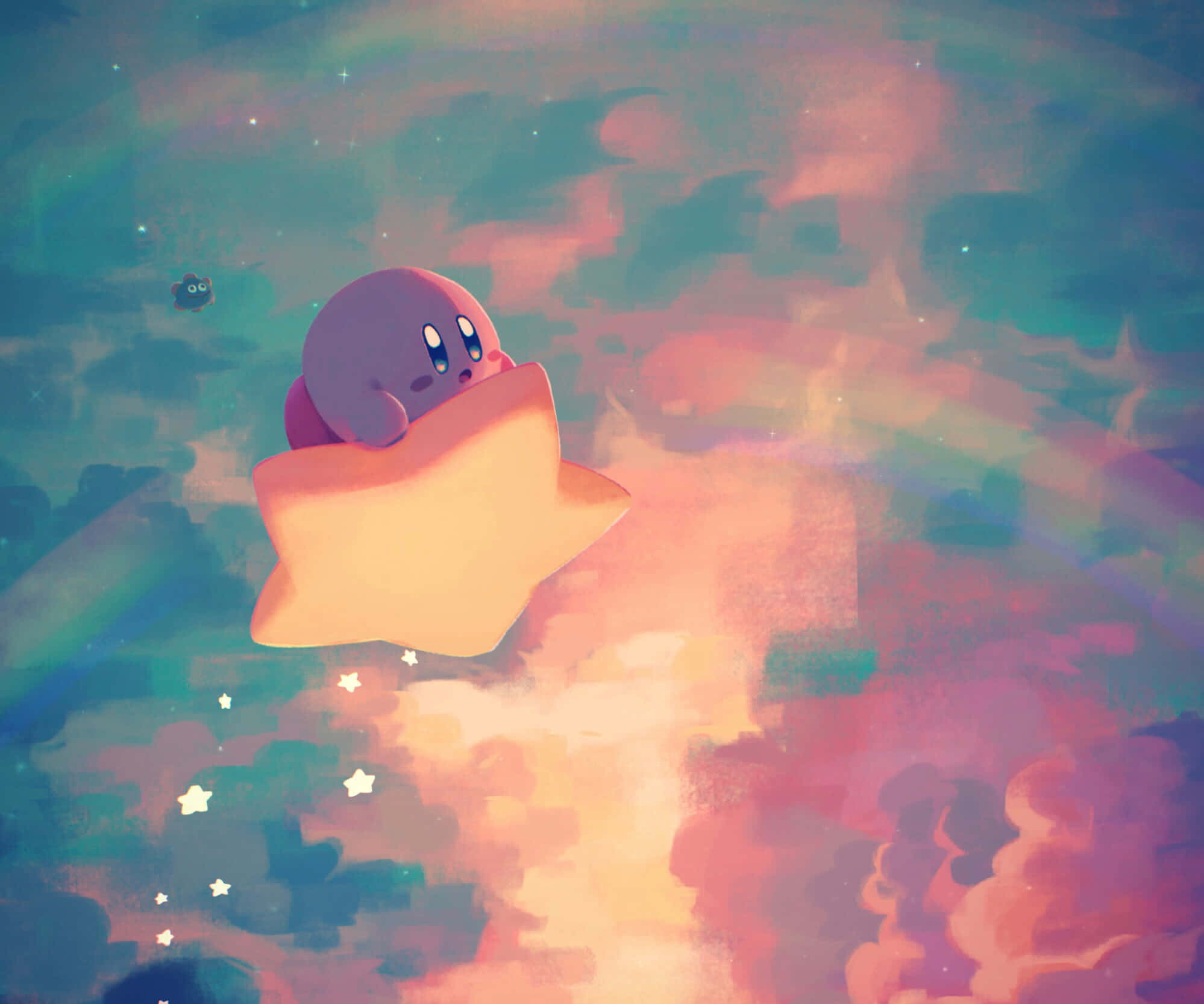 粉紅色 Kirby 騎住發光星星穿過色彩繽紛嘅夢幻天空，有柔軟雲朵同星星。 — 卡比 壁紙