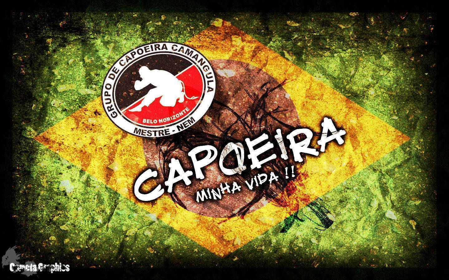 巴西國旗，帶有卡波耶拉標誌和文字 capoeira minha vida — 跳舞 壁紙