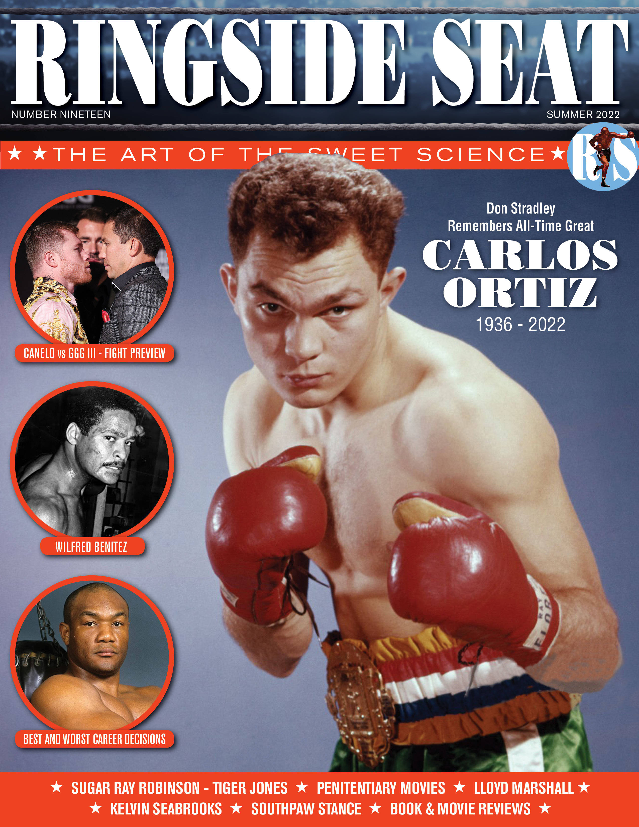 卡洛斯·奧蒂茲登上 Ringside Seat 封面 壁紙 — 復古拳擊雜誌封面， featuring Carlos Ortiz 戴紅色手套和冠軍腰帶，周圍是拳手肖像和粗體文字。