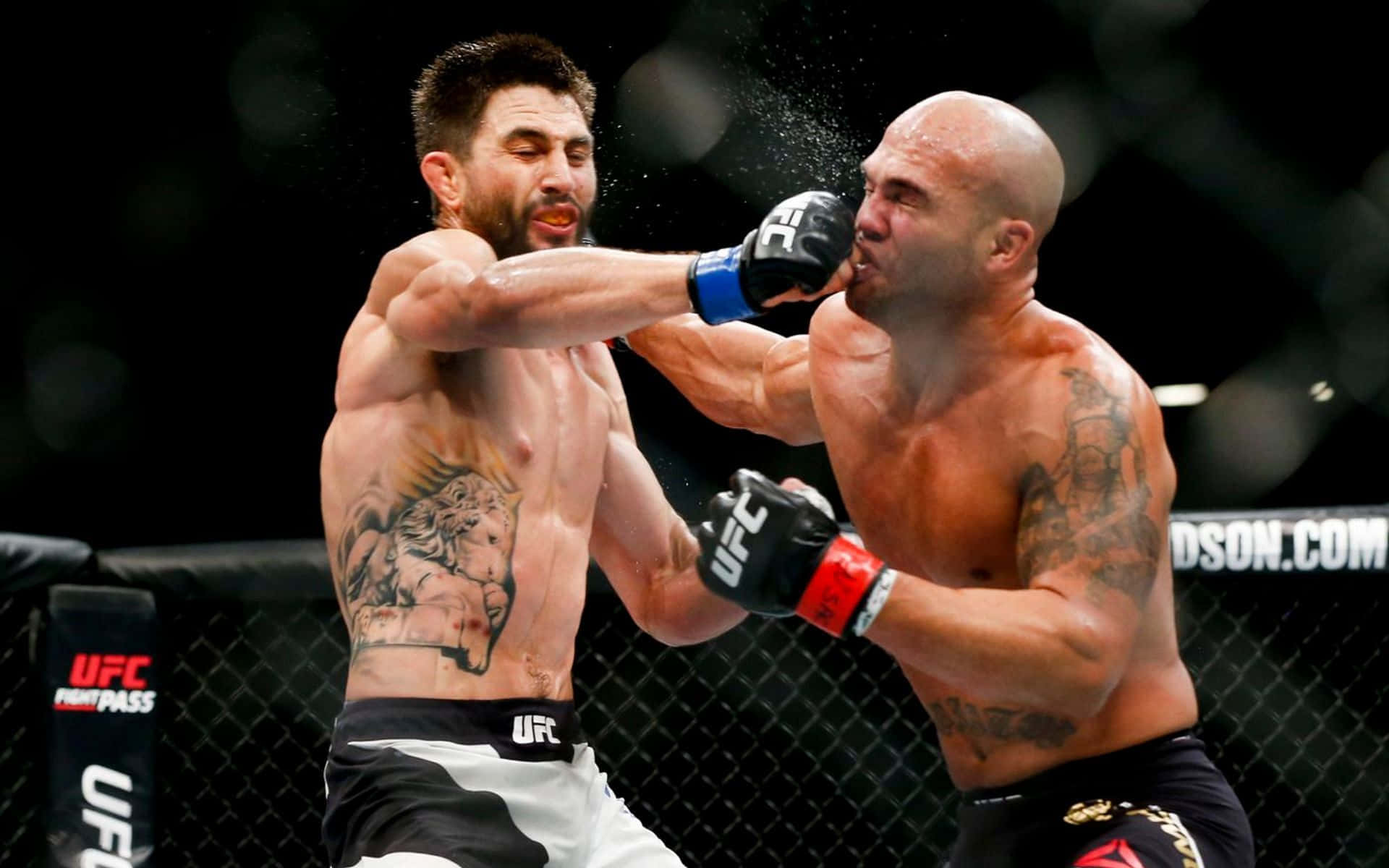 卡洛斯·康迪特擊打羅比·勞勒 壁紙 — 兩名肌肉發達的MMA拳手在燈光昏暗、帶有UFC標誌的八角籠內交換強力拳擊。