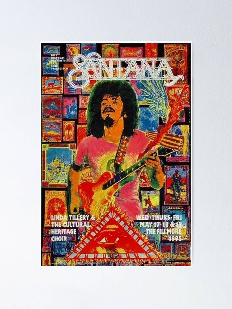 一張 Santana 的迷幻演唱會海報，特色是吉他手手持火焰吉他。