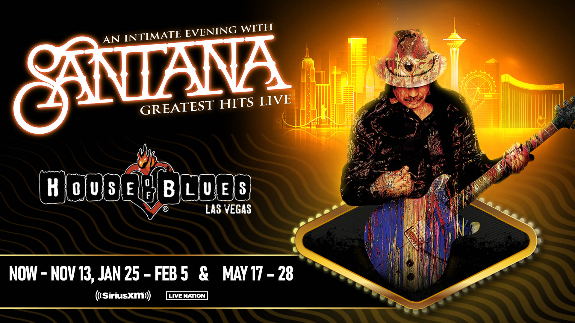 Santana 在 House of Blues Las Vegas 現場演出，背景是霓虹城市。