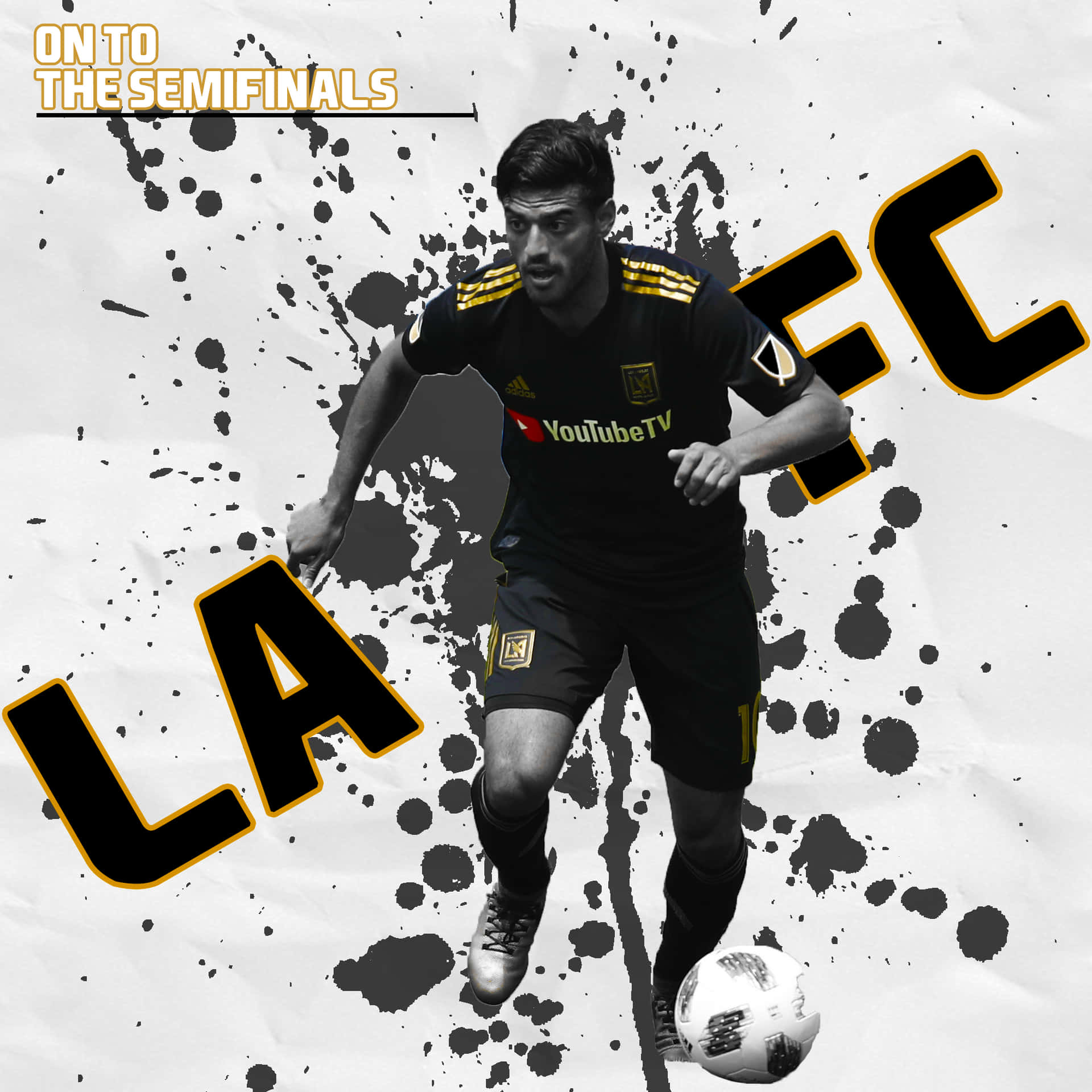 身穿LAFC球衣的足球員在潑濺背景和球隊文字中運球。 — 洛杉磯 GIF 壁紙