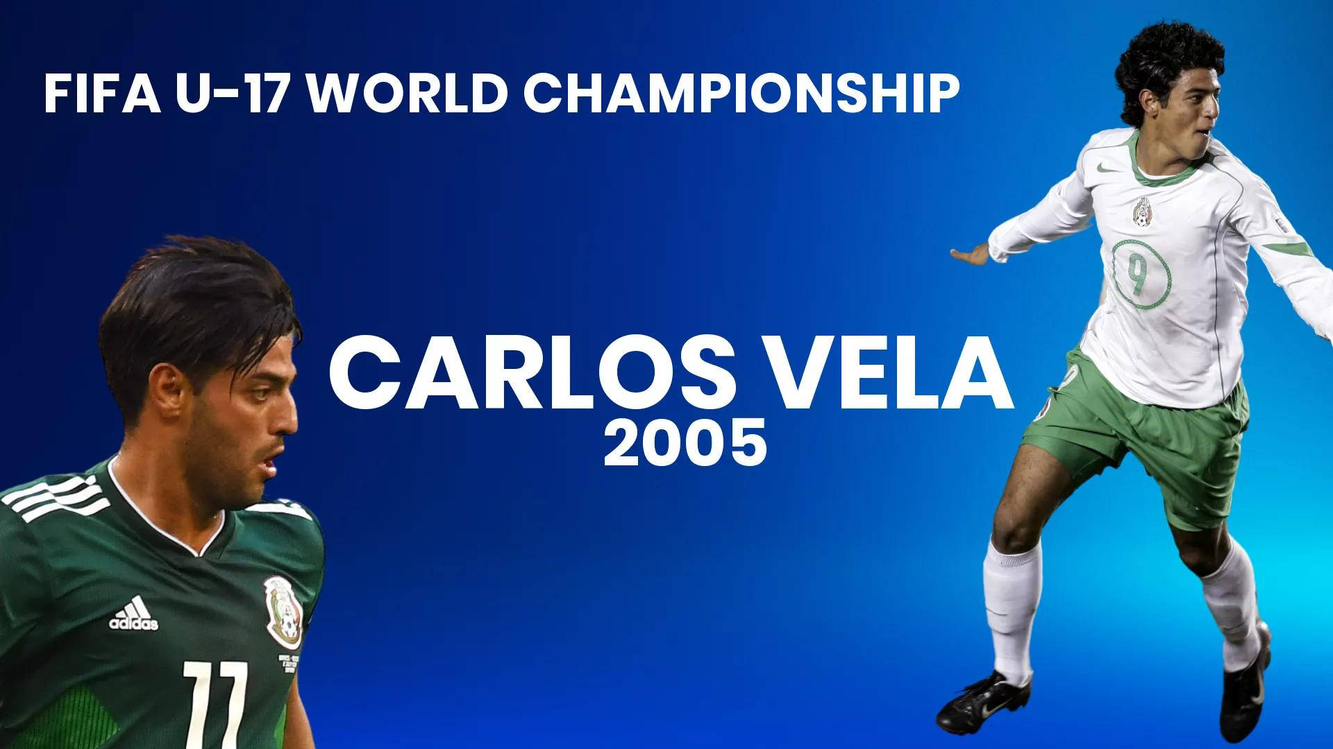 卡洛斯·貝拉2005年FIFA海報 壁紙 — 一張動感十足的運動海報，展示卡路士·韋拿在2005年國際足協U-17世界錦標賽中的英姿，配以粗體文字和鮮豔的藍色背景。