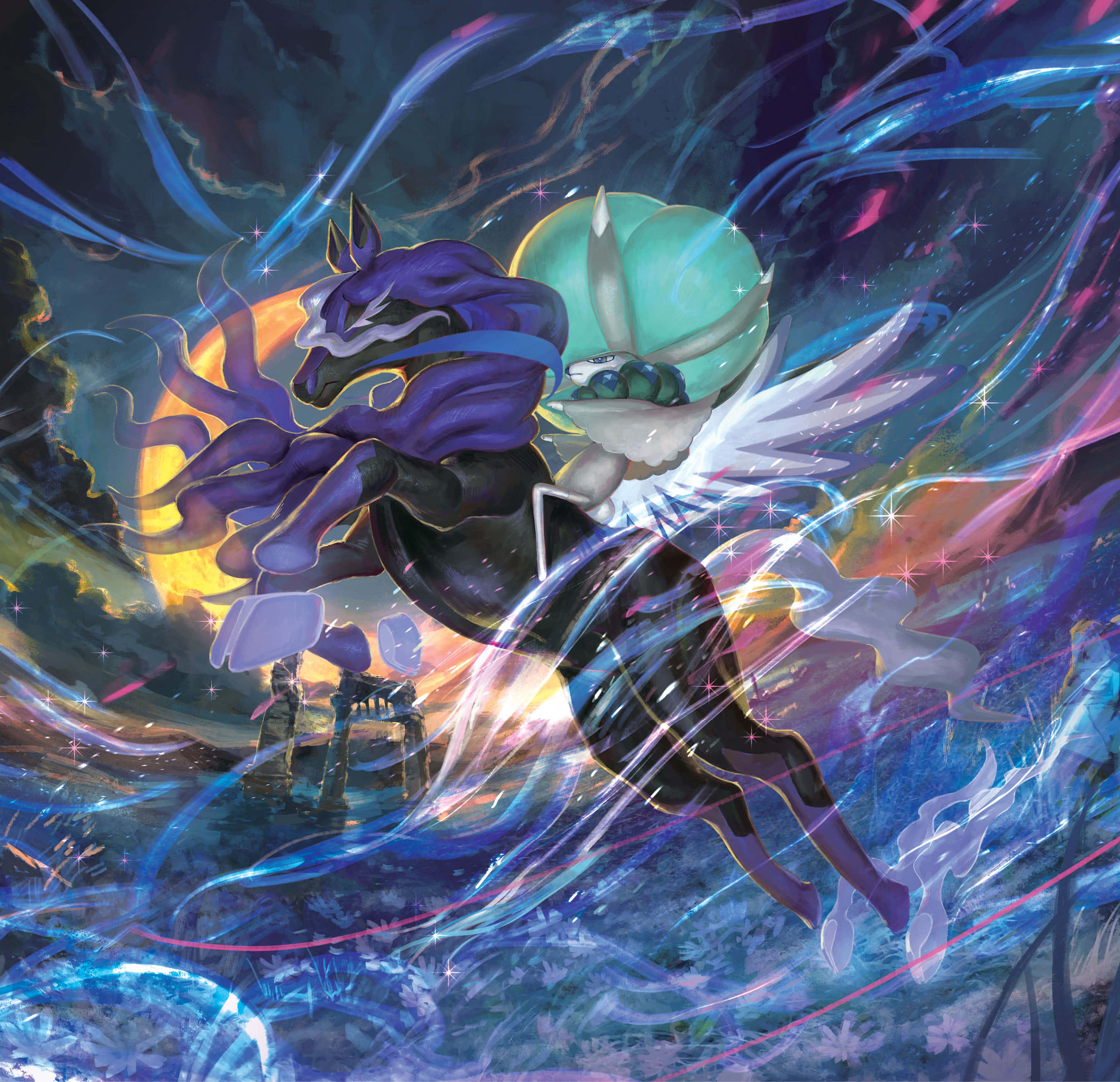 卡洛雷克斯抽象藝術插畫 壁紙 — 一匹雄偉的紫色馬匹，擁有發光的翅膀和發光的球體，騎乘在電光藍和粉紅能量條紋的宇宙風暴中。