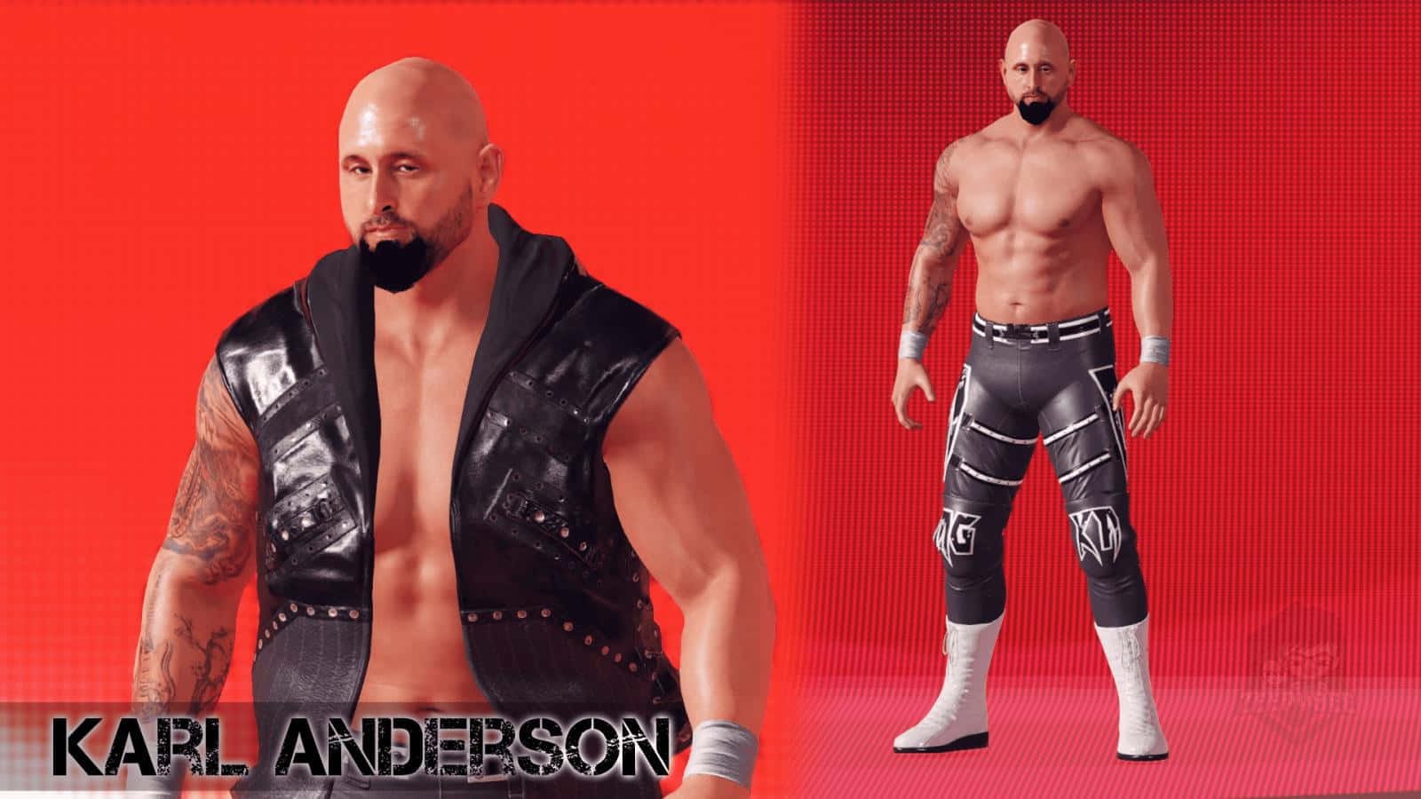 卡爾·安德森遊戲圖標 壁紙 — 摔角手 Karl Anderson 以兩個姿勢展示，背景為鮮紅色，身穿黑色皮背心和摔角緊身褲。
