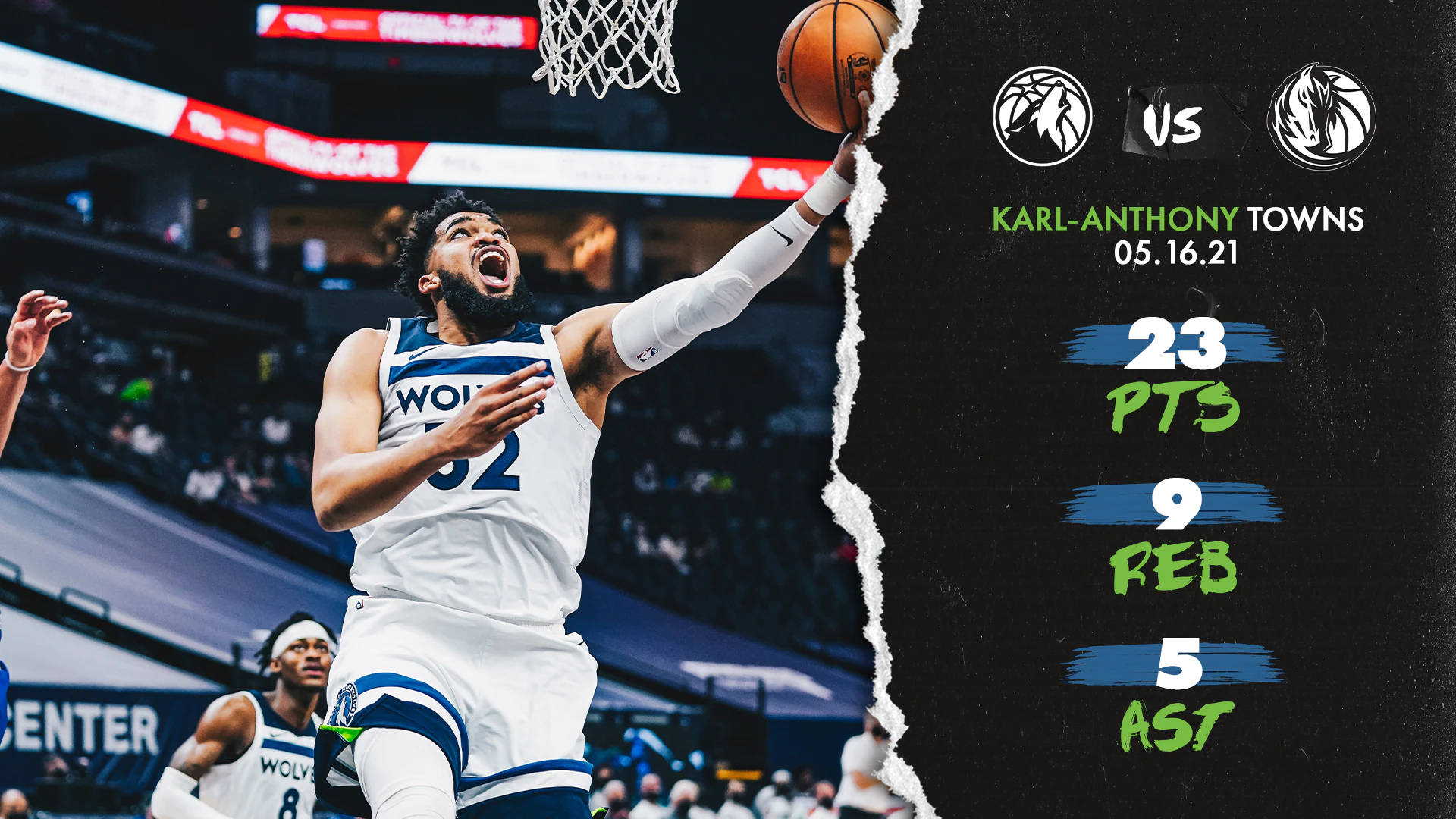 卡爾-安東尼·唐斯上籃瞬間 壁紙 — 籃球運動員 Karl-Anthony Towns 強力入樽，統計數據突出他在一場比賽中的 23 分、9 籃板、5 助攻。