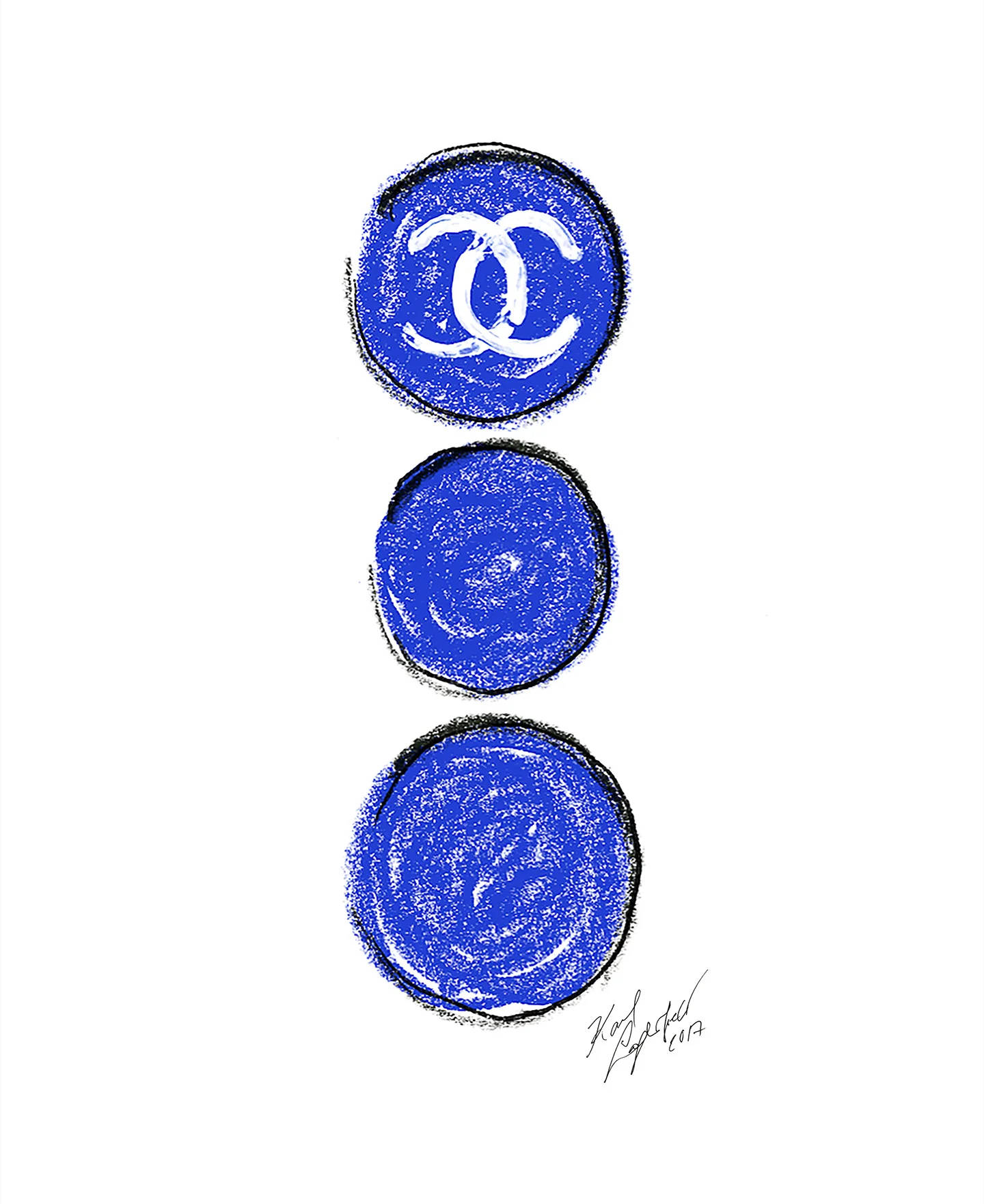 三個藍色圓圈，帶有 Chanel 標誌，頂部圓圈手繪素描藝術