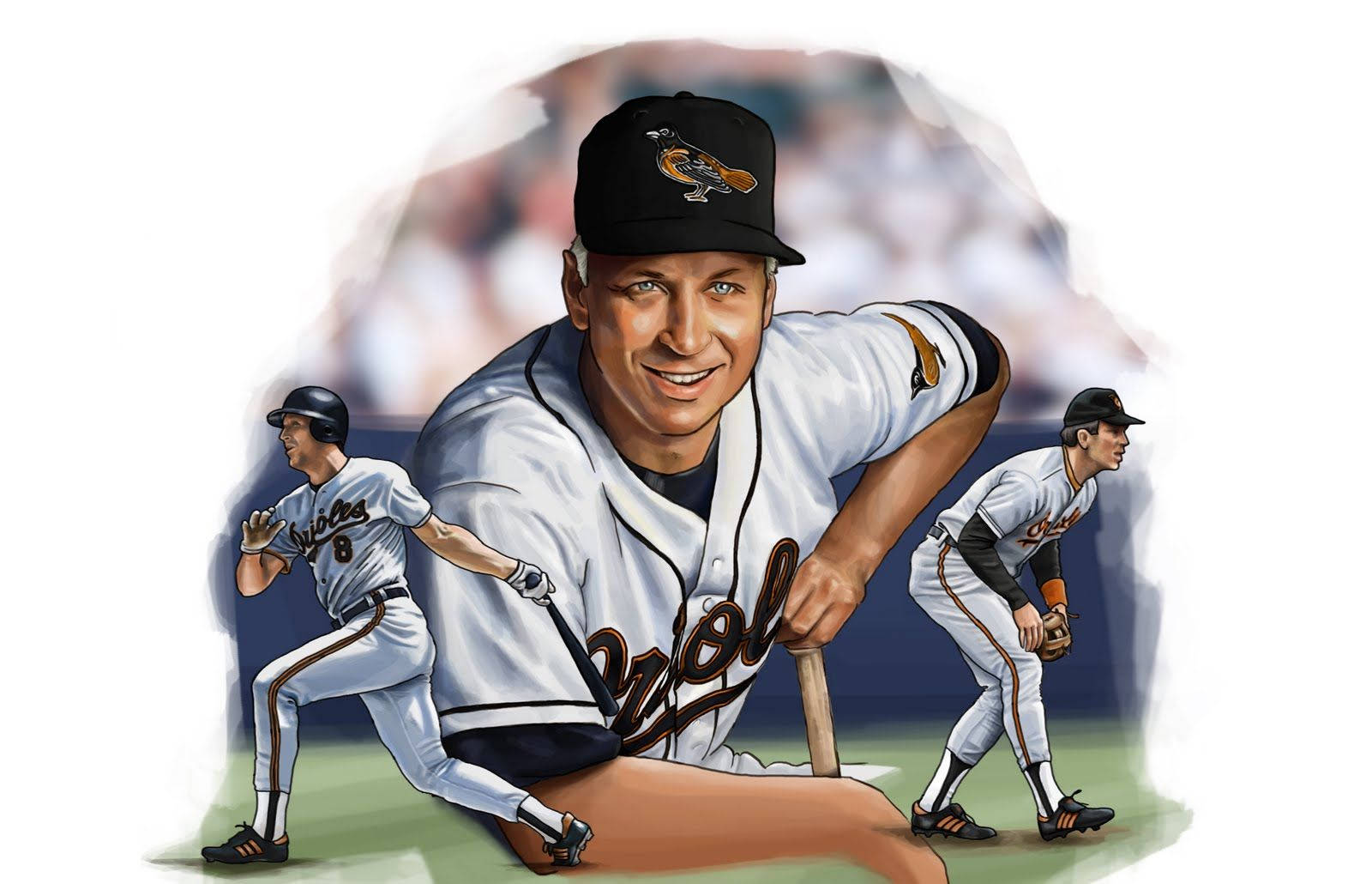 卡爾·里普肯 Jr. 現實主義肖像畫 壁紙 — 插圖中一名微笑的棒球運動員身穿金鶯隊制服，手持球棒，身後有兩名隊友擺出動作姿勢。