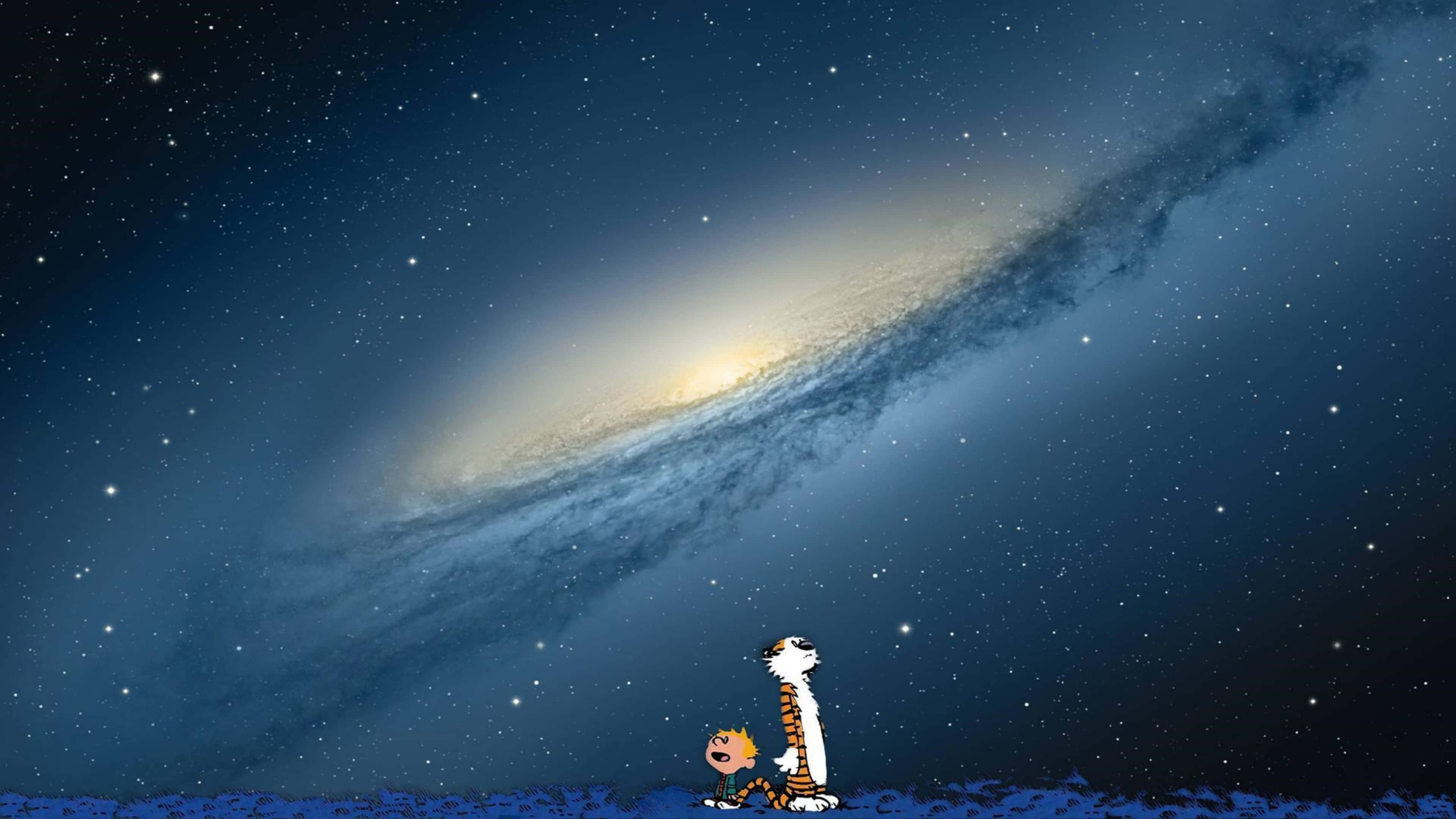 卡爾文與霍布斯 4K 星空 壁紙 — 卡爾文和霍布斯仰望在繁星點點的夜空中閃耀的巨大螺旋星系。
