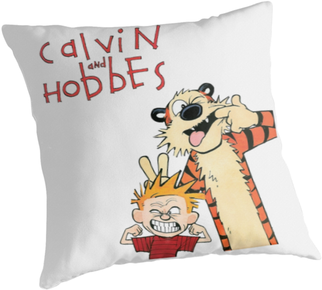 卡爾文與霍布斯抱枕 壁紙 — 一個白色枕頭，上面有卡通角色 Calvin 和 Hobbes 的經典調皮姿勢，上方有紅色文字。