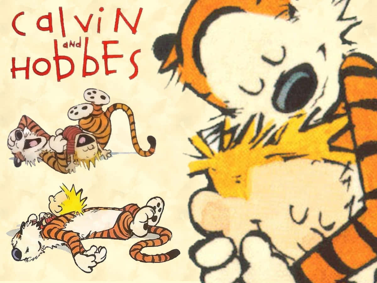 卡爾文與霍布斯溫馨相擁 壁紙 — Calvin 和 Hobbes 漫畫角色在奶油色背景上以俏皮姿勢呈現，帶有紅色標題文字。
