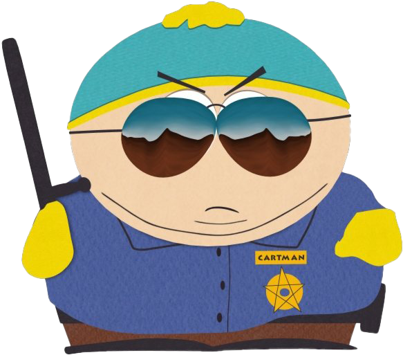 卡特曼扮警察插圖 壁紙 — Cartman 穿著藍色警長制服，帶有黃色點綴，戴著太陽眼鏡，手持對講機。