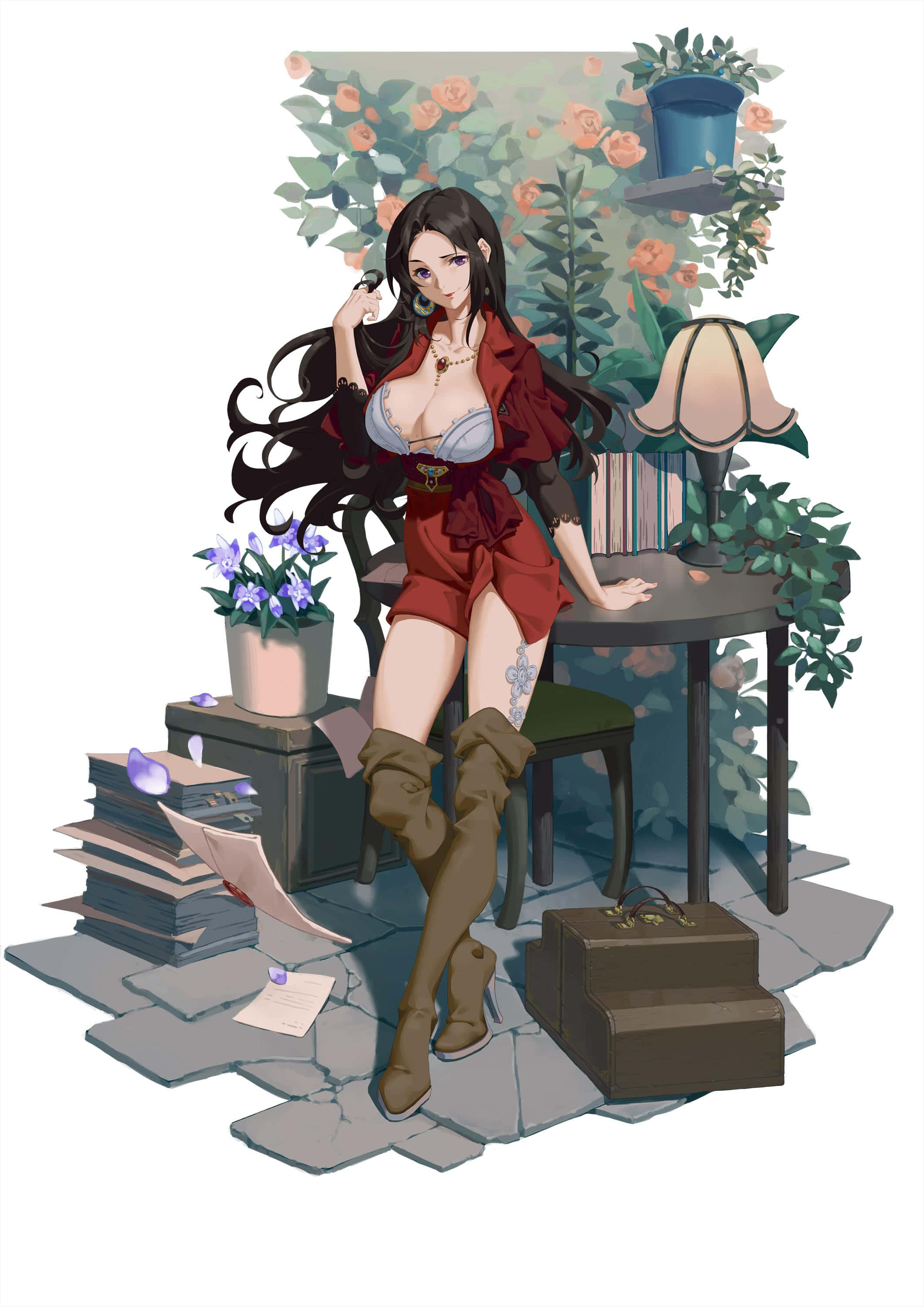 卡特莉亞·鮑德萊爾迷人肖像 壁紙 — 一位時尚的動漫女性身穿紅色衣服，在一個雜亂的書桌旁放鬆，周圍環繞著鮮花和書籍，處於舒適的室內環境中。