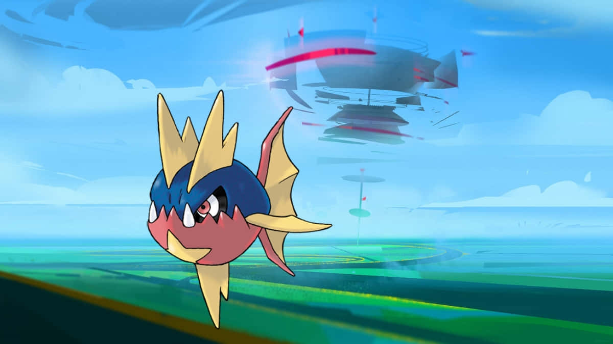 卡瓦鰻與Pokémon GO健身房 壁紙 — 一隻卡通魚形狀嘅寵物小精靈，有黃色鰭同紅色眼睛，喺藍天底下嘅綠色風景上滑翔，遠處有一艘未來風格嘅飛船。