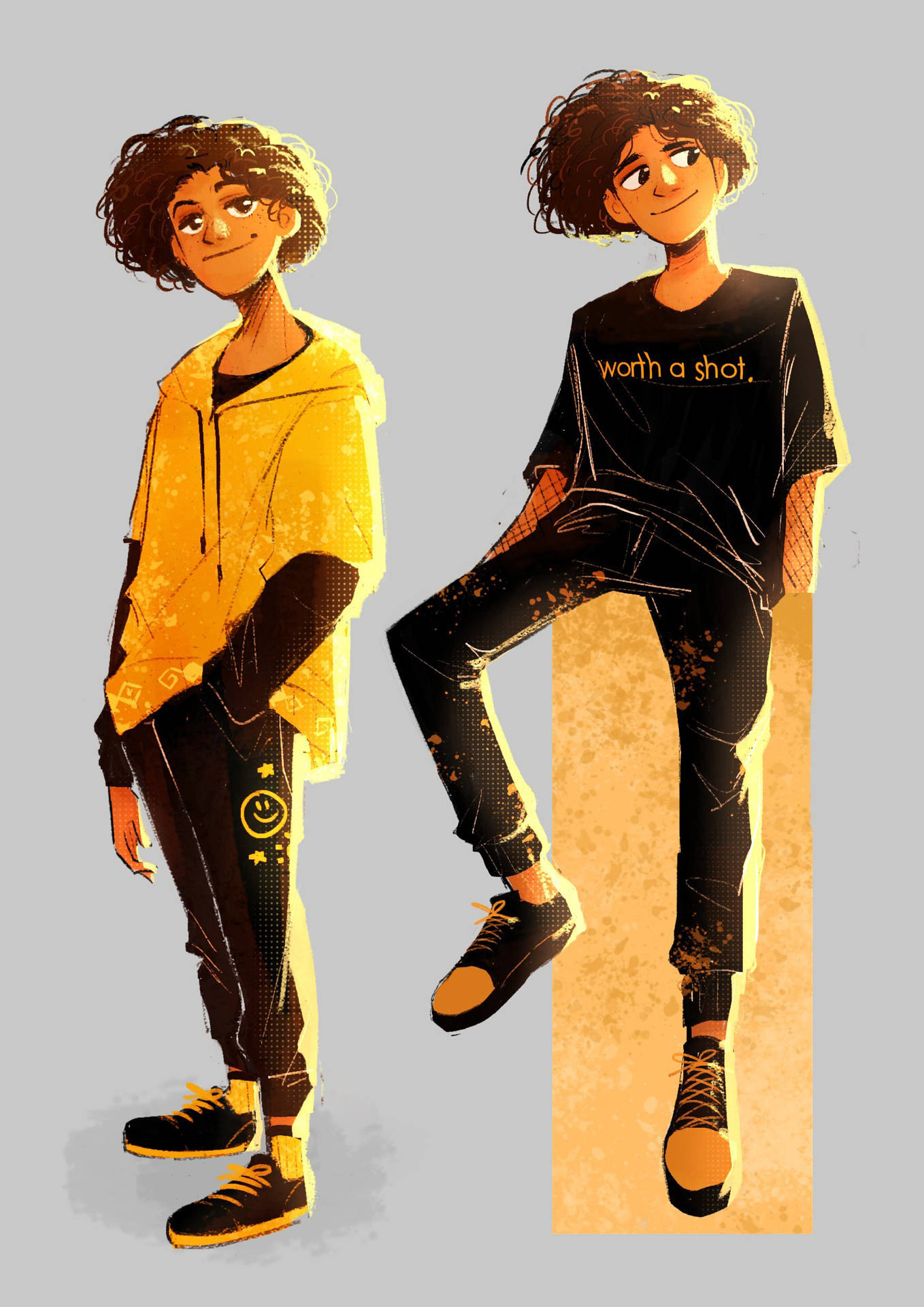 兩個穿著休閒街頭服的插圖青少年，一個坐著一個站著擺姿勢。