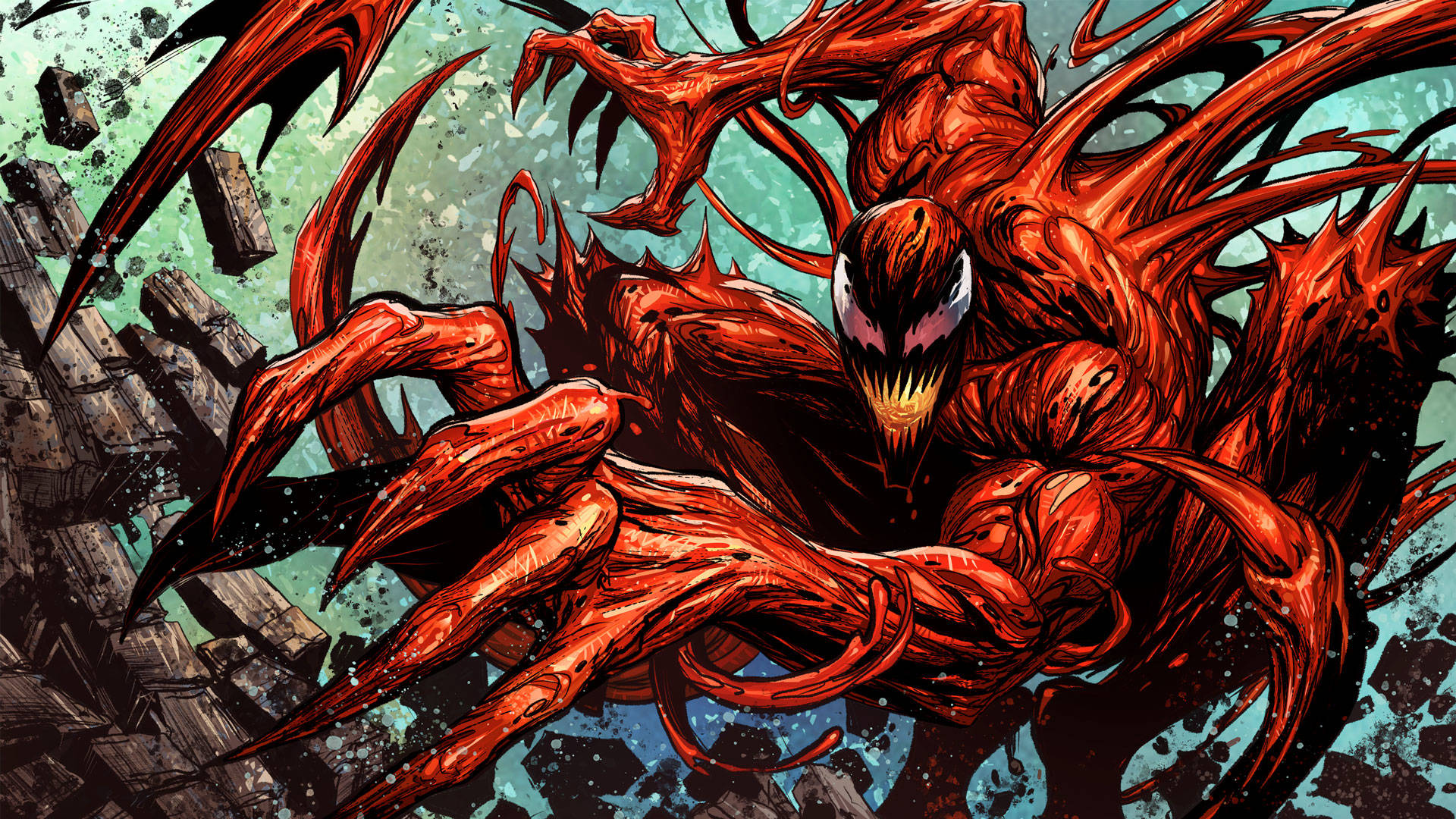 帶有爪子和翅膀的紅色共生體生物衝破瓦礫。