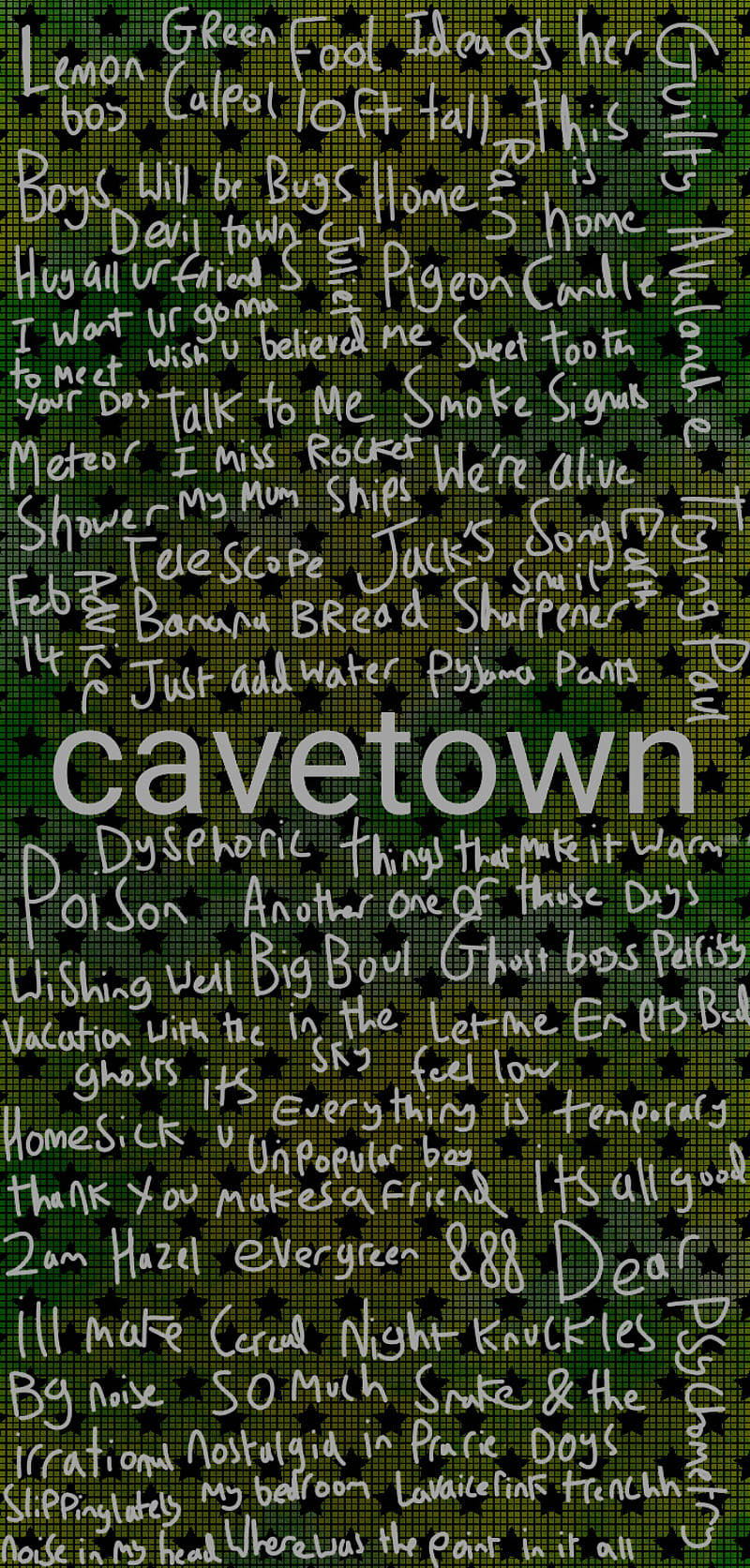 綠色像素化背景，帶有白色手寫的 Cavetown 歌曲標題和歌詞。