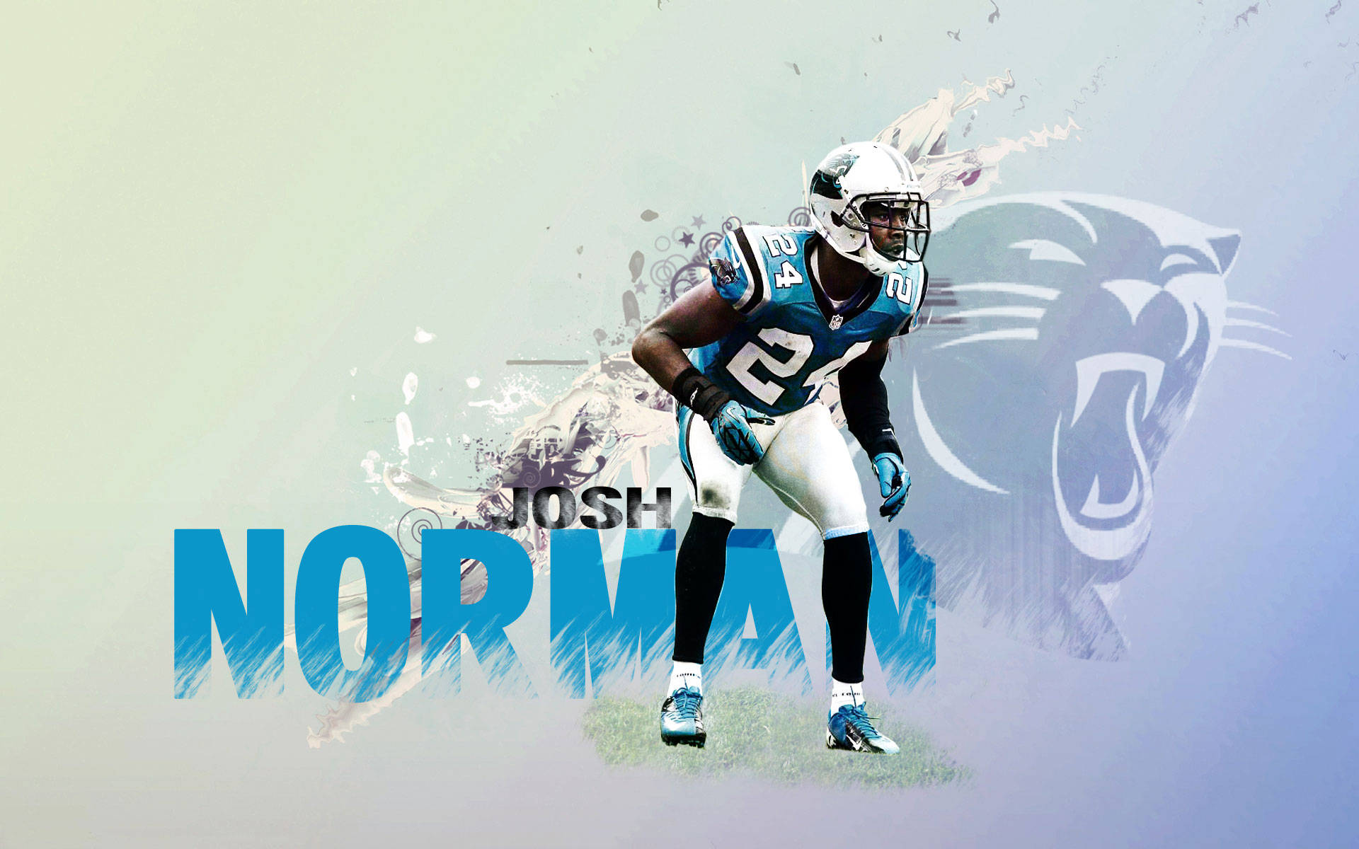 卡羅來納黑豹隊喬什·諾曼 壁紙 — 美式足球員 Josh Norman 身穿卡羅萊納黑豹隊裝備，在帶有球隊標誌的風格化潑濺背景前蓄勢待發。