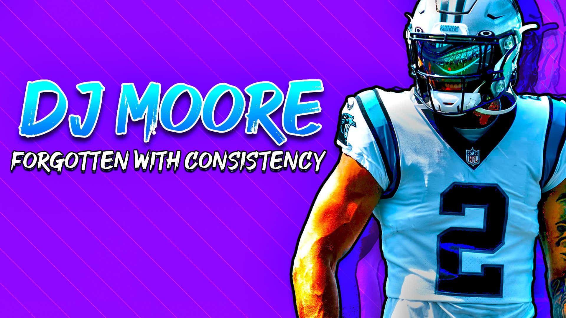 NFL球員DJ Moore身穿白色2號球衣，配以鮮豔紫色背景和文字。