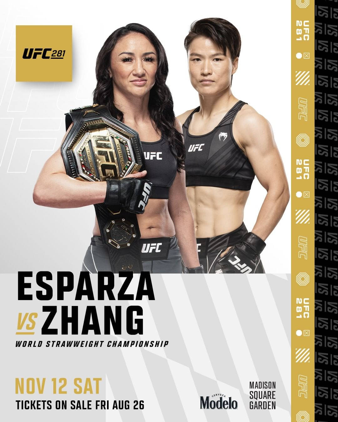 卡菈·艾斯帕薩對戰張瑋莉 壁紙 — 兩位UFC女拳手自信地擺姿勢，其中一位手持冠軍腰帶，背景為品牌宣傳背景。
