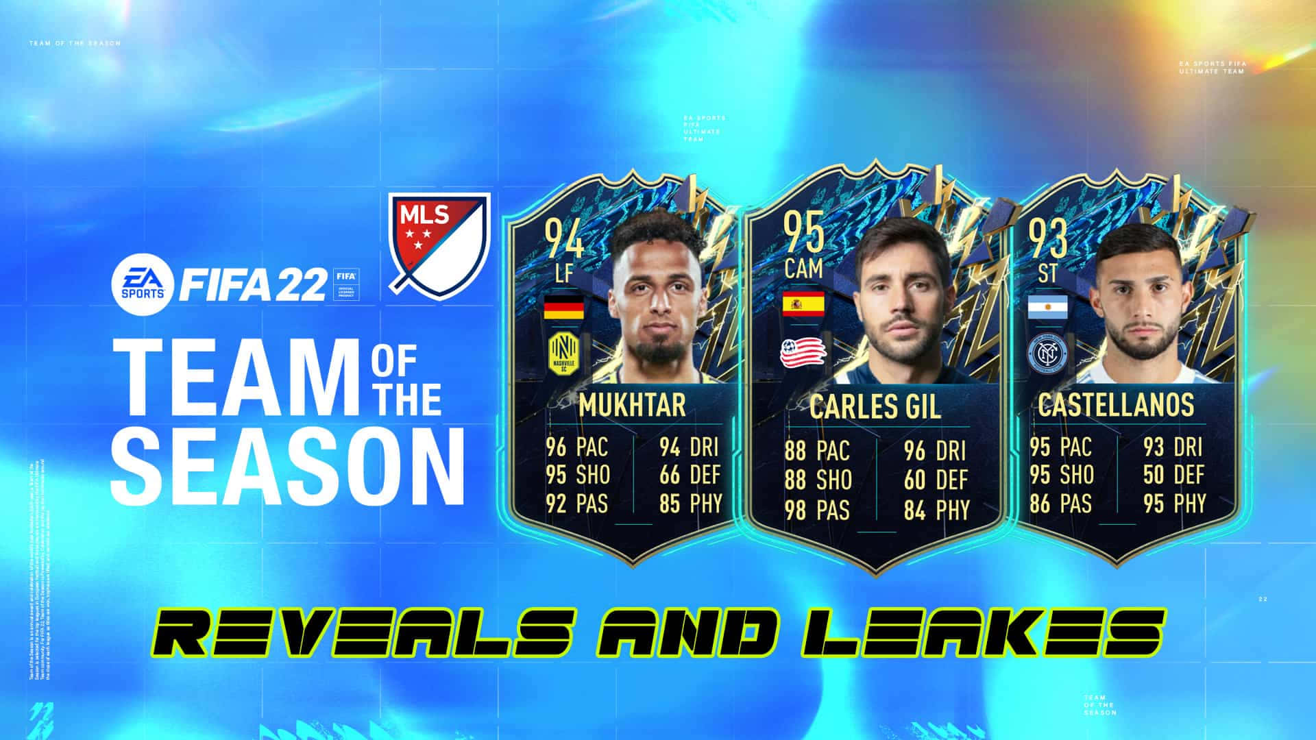 卡萊斯·吉爾 FIFA 22海報 壁紙 — FIFA 22 Team of the Season 球員卡在充滿活力的藍色能量背景上發光，並帶有粗體文字。