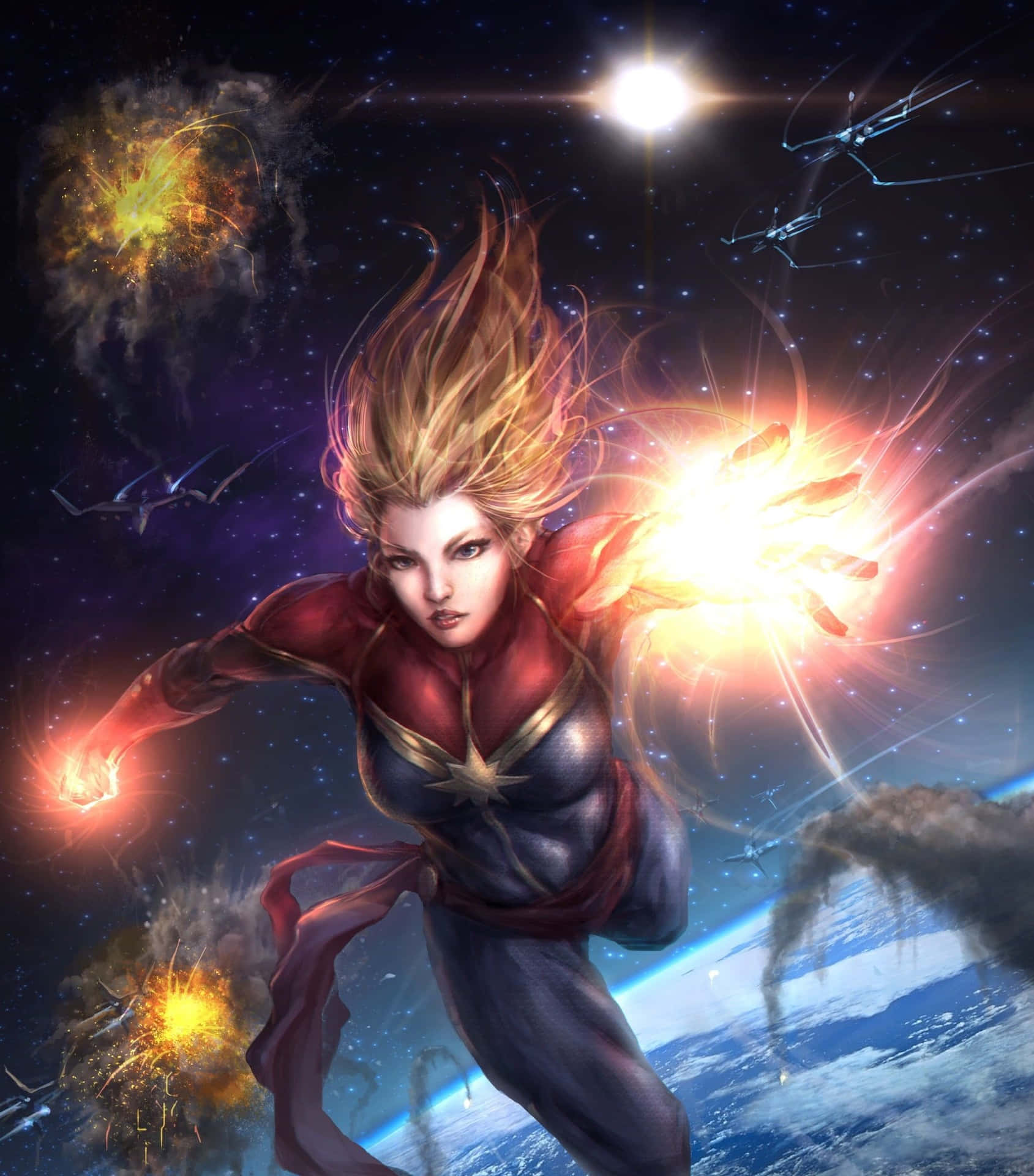 Captain Marvel 在太空發射能量爆炸，地球在下方，星艦飛翔。