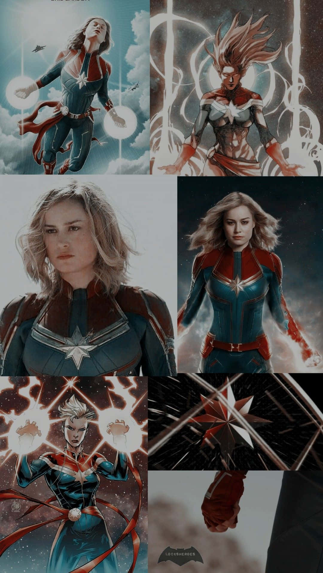 Captain Marvel 以各種超級英雄姿勢展現宇宙能量和星星圖案。