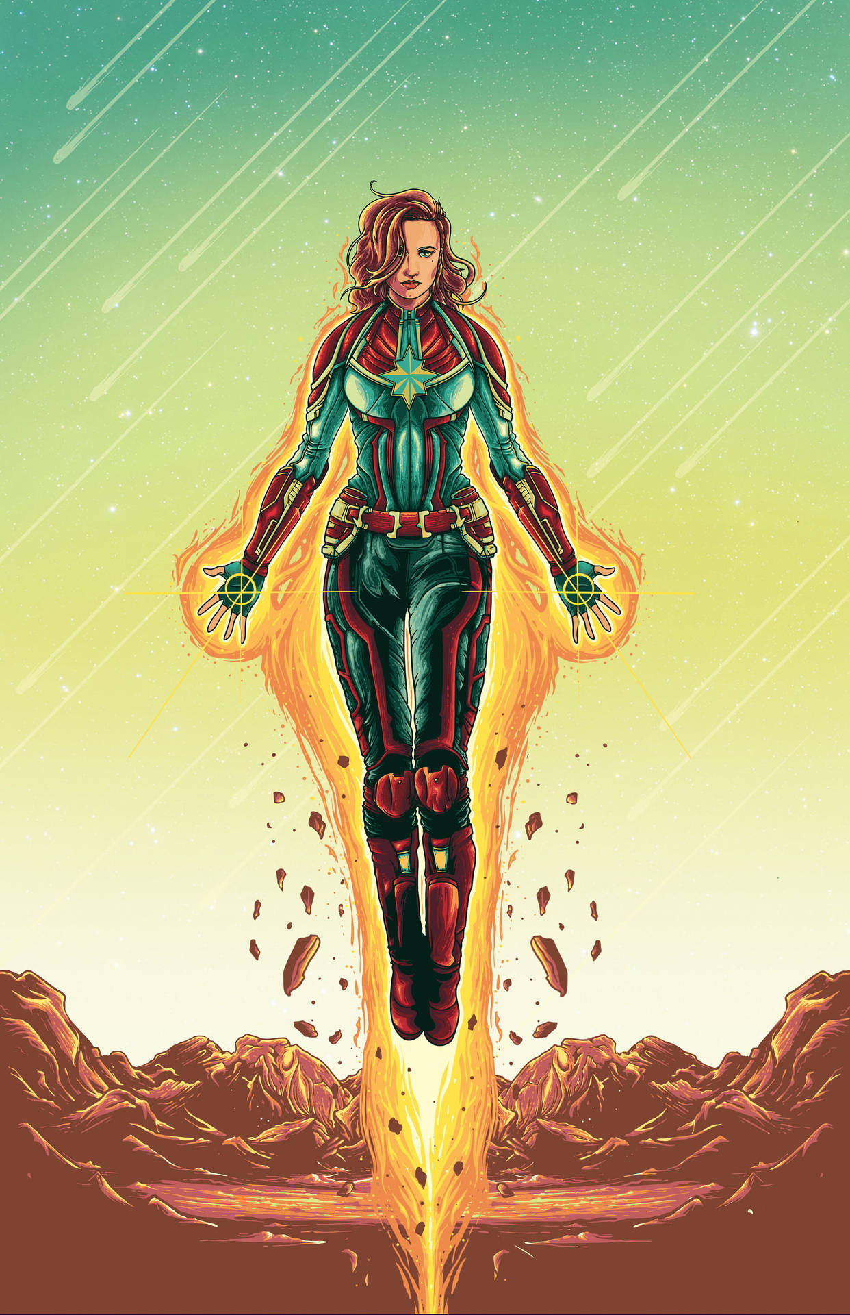 Captain Marvel 喺能量光束上漂浮喺沙漠上空，天空有星星。