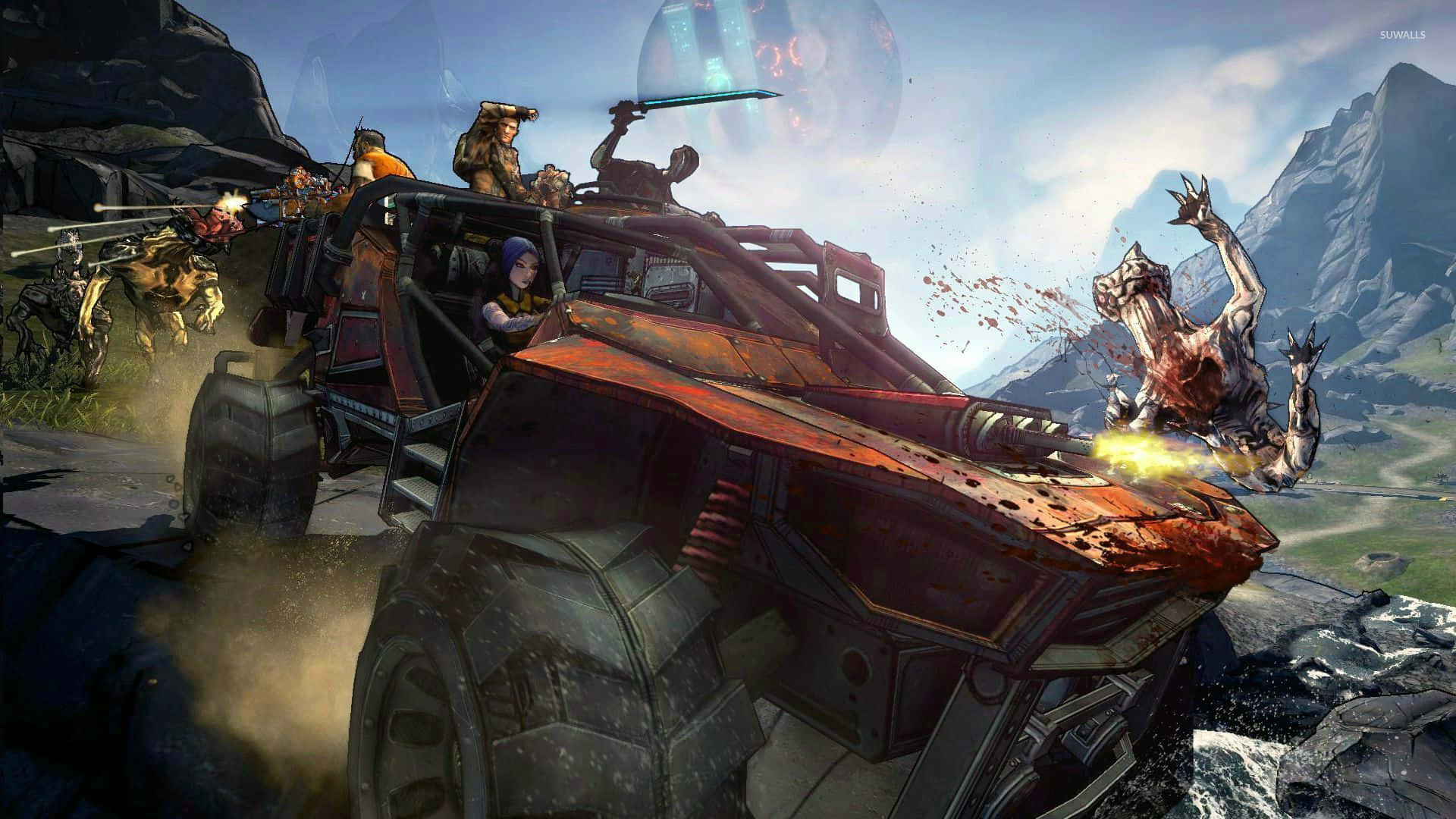 卡車 1920x1080《邊境之地3》背景 壁紙 — 一輛堅固的裝甲車在岩石山隘中與怪物戰鬥，天空閃爍著外星光芒。