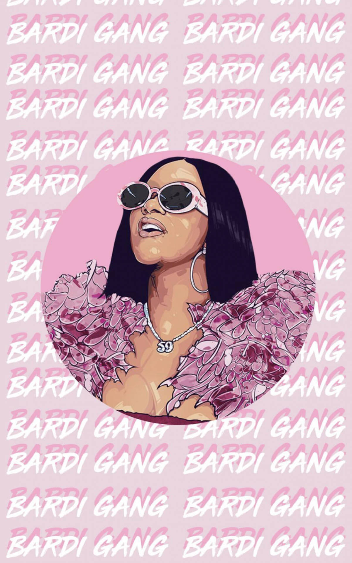 卡迪·B 粉紅「Bardi Gang」造型 壁紙 — 一個風格化的插圖，描繪一位戴太陽眼鏡、穿花卉上衣的女性，背景是粉紅色，重複著「BARDI GANG」文字。