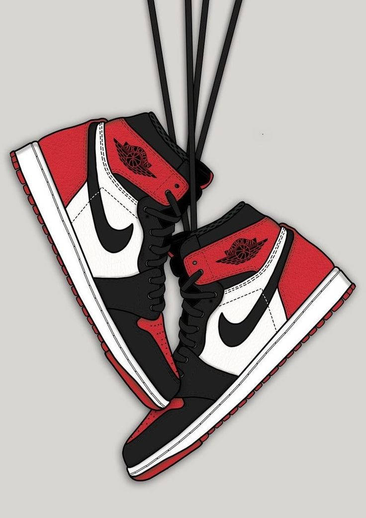紅、黑、白色Jordan 1波鞋用鞋帶掛在灰色背景上。