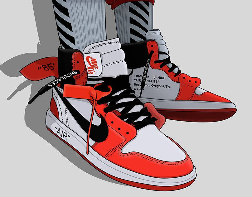 紅、白、黑色的Nike Air Jordan 1運動鞋，帶有Off White品牌標誌和條紋襪子。