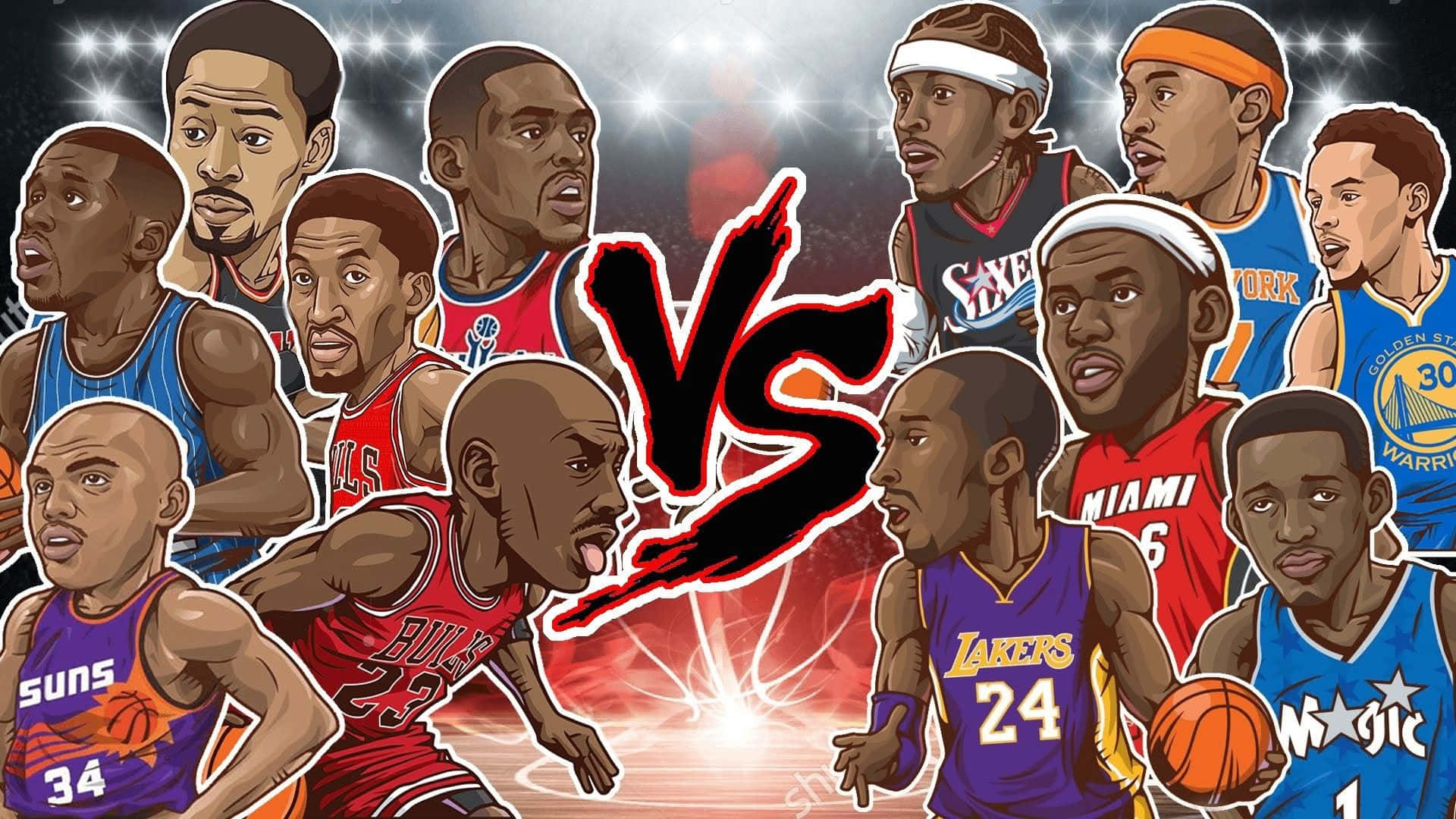 卡通 NBA 球隊對決 壁紙 — 插圖風格的籃球傳奇在體育場燈光下進行一場戲劇性的對決。