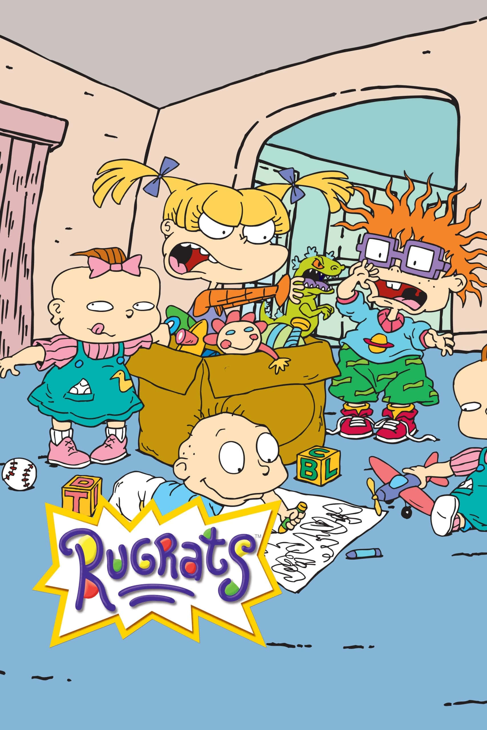 rugrats 桌布 壁紙 — 卡通 Rugrats 角色在充滿玩具和散落積木的凌亂客廳中瘋狂玩耍。
