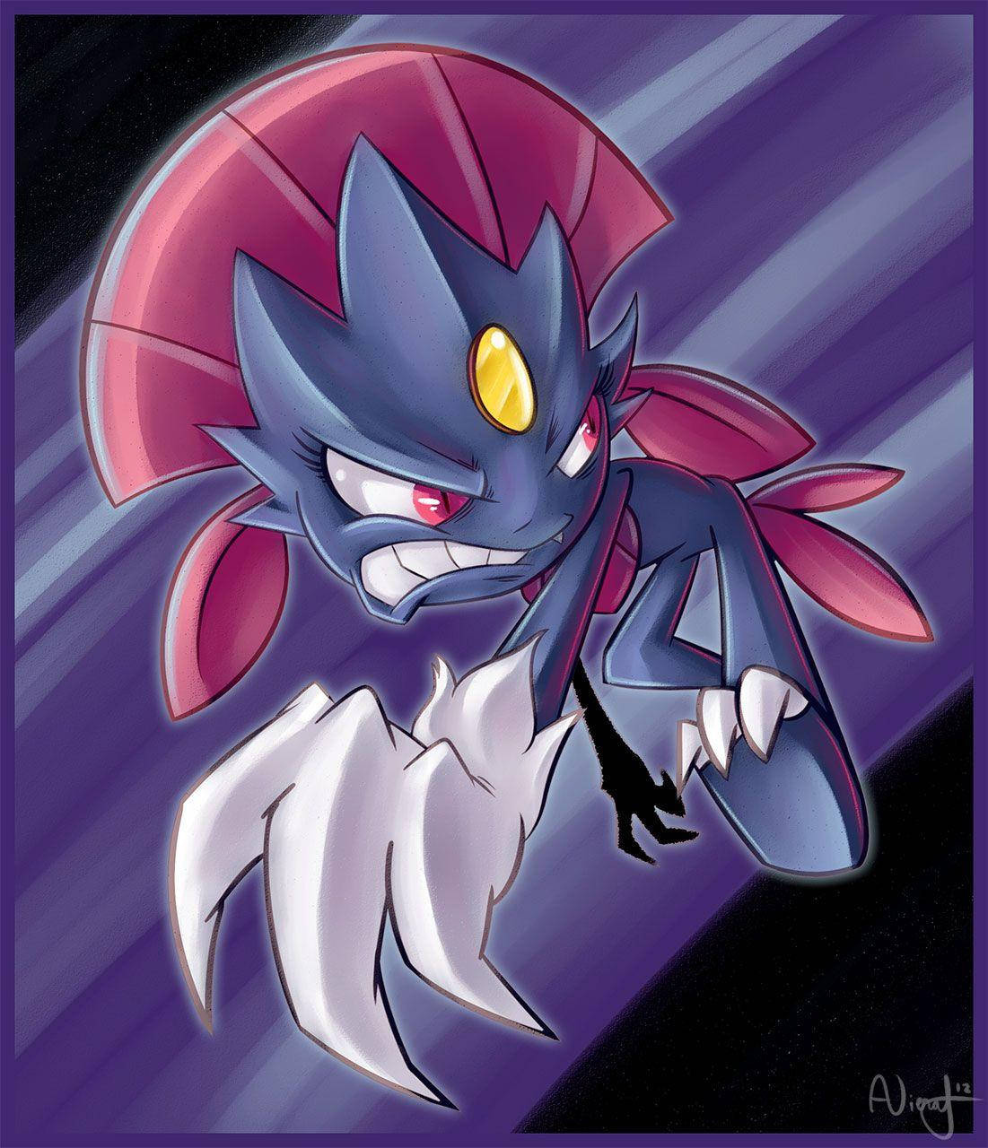 卡通 Weavile 壁紙 — 一個兇猛的深藍色動漫角色，擁有紅色眼睛和發光的黃色寶石，在動態的紫色背景前向前猛撲。