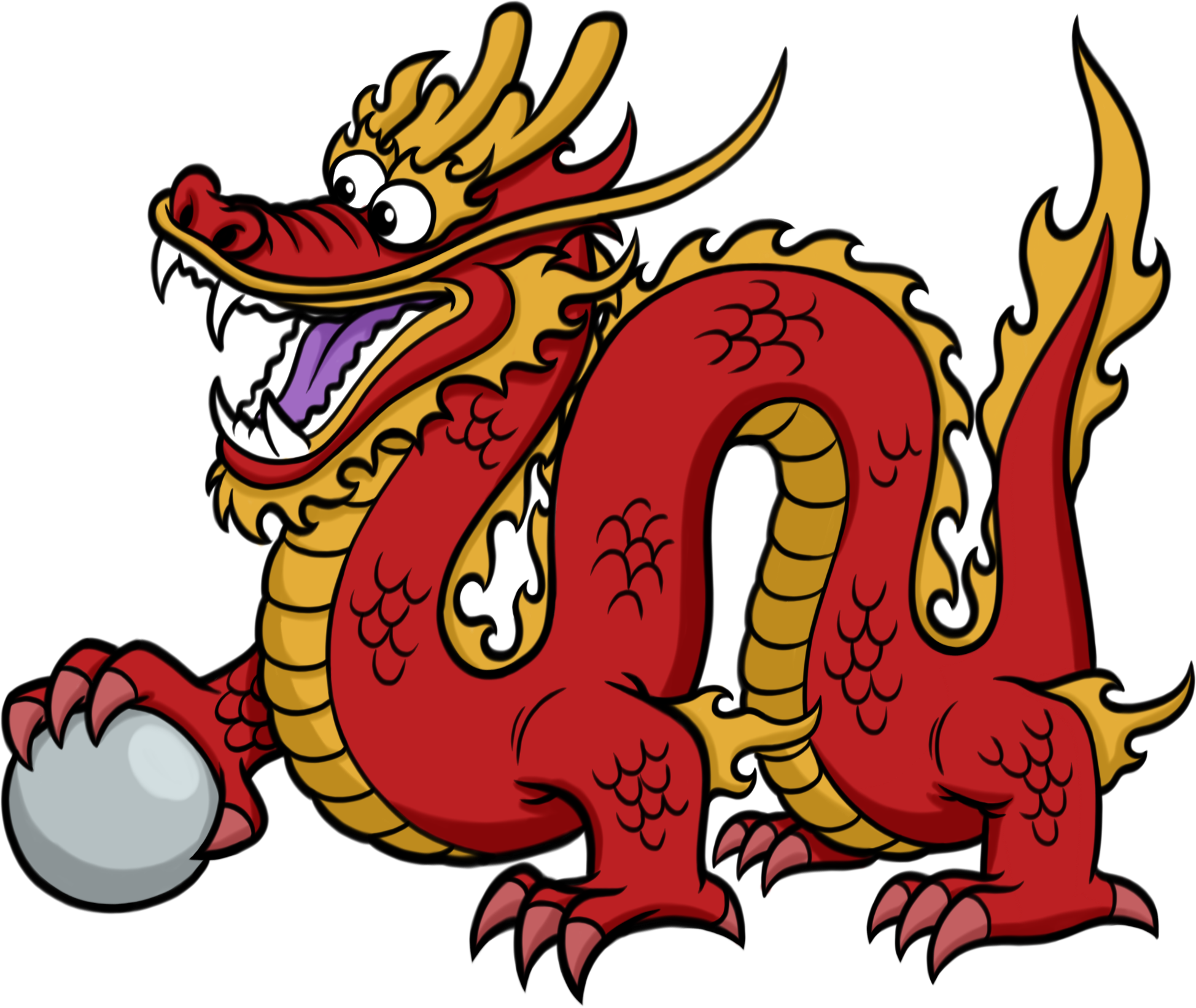 卡通中國龍插畫 壁紙 — 一隻卡通紅金龍，帶著頑皮的表情，在黑色背景上緊握著一顆銀色珍珠。